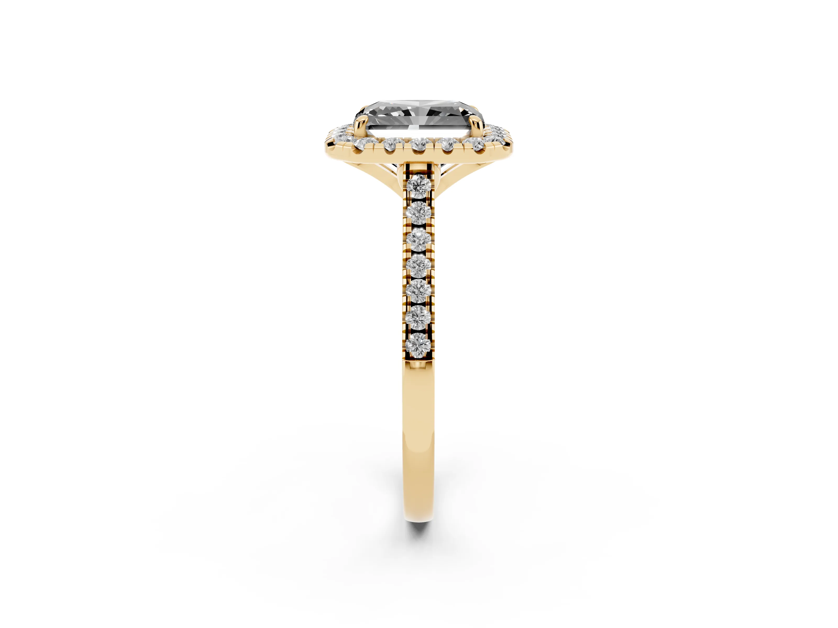 Fancy Black Radiant Cut Diamond Cushion Halo Ring Set in Yellow gold with Pavé Band