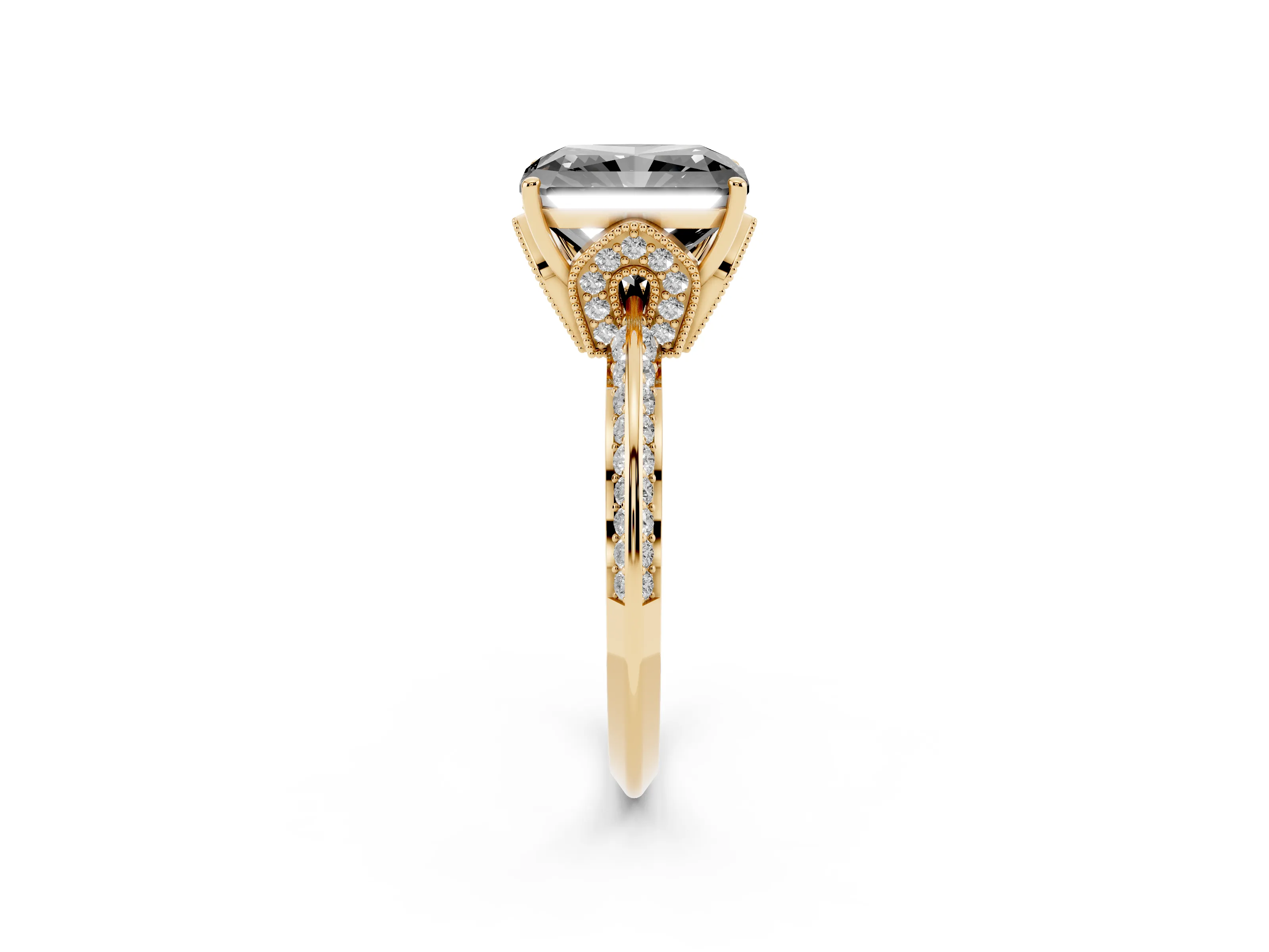 Fancy Black Radiant Cut Diamond Solitaire Engagement Ring Set in Yellow gold with Pavé Split Shank and Prong Setting