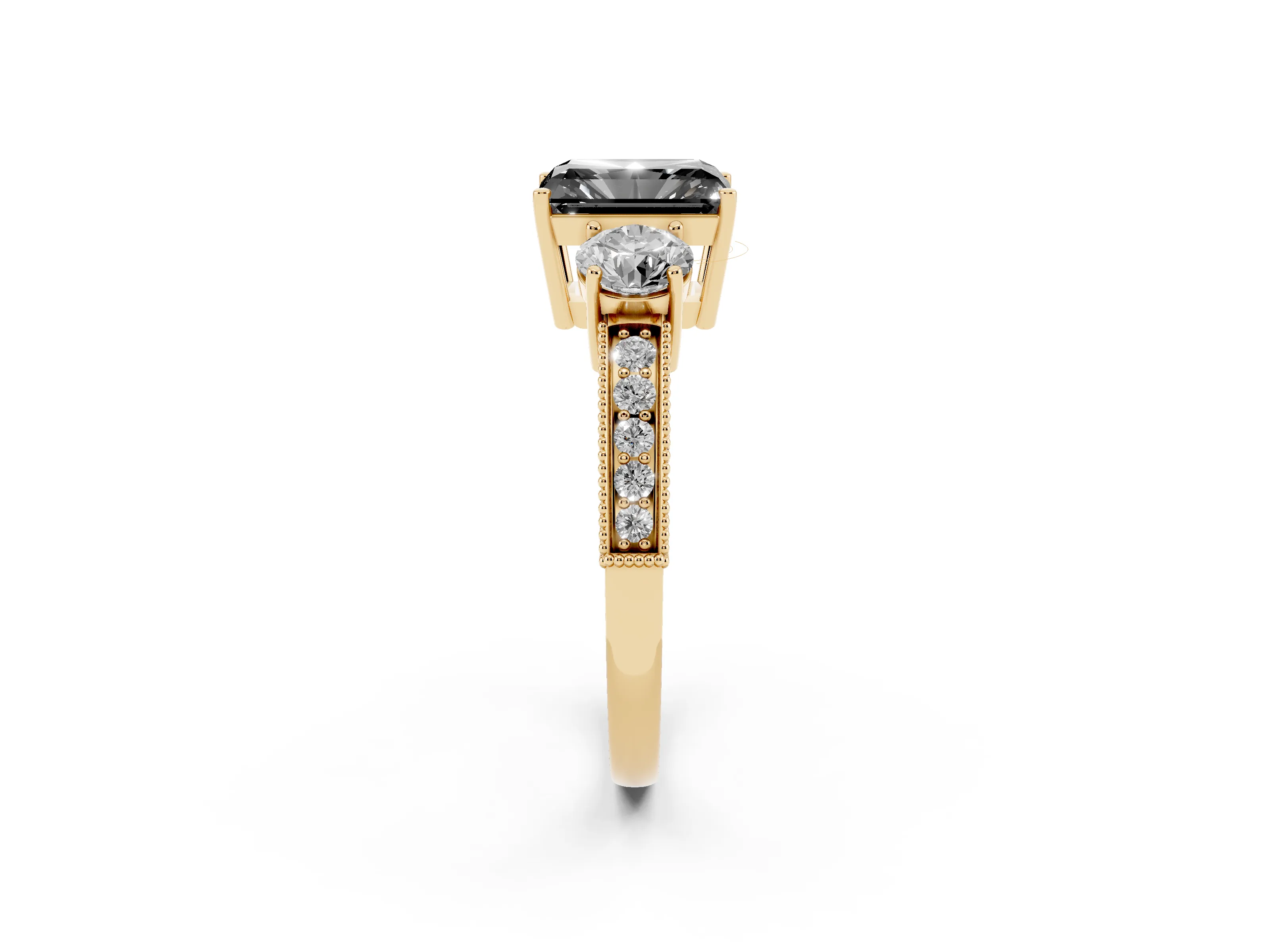 Fancy Black Radiant Cut Diamond Three-Stone Ring Set in Yellow gold with Round Side Stones and Pavé Band