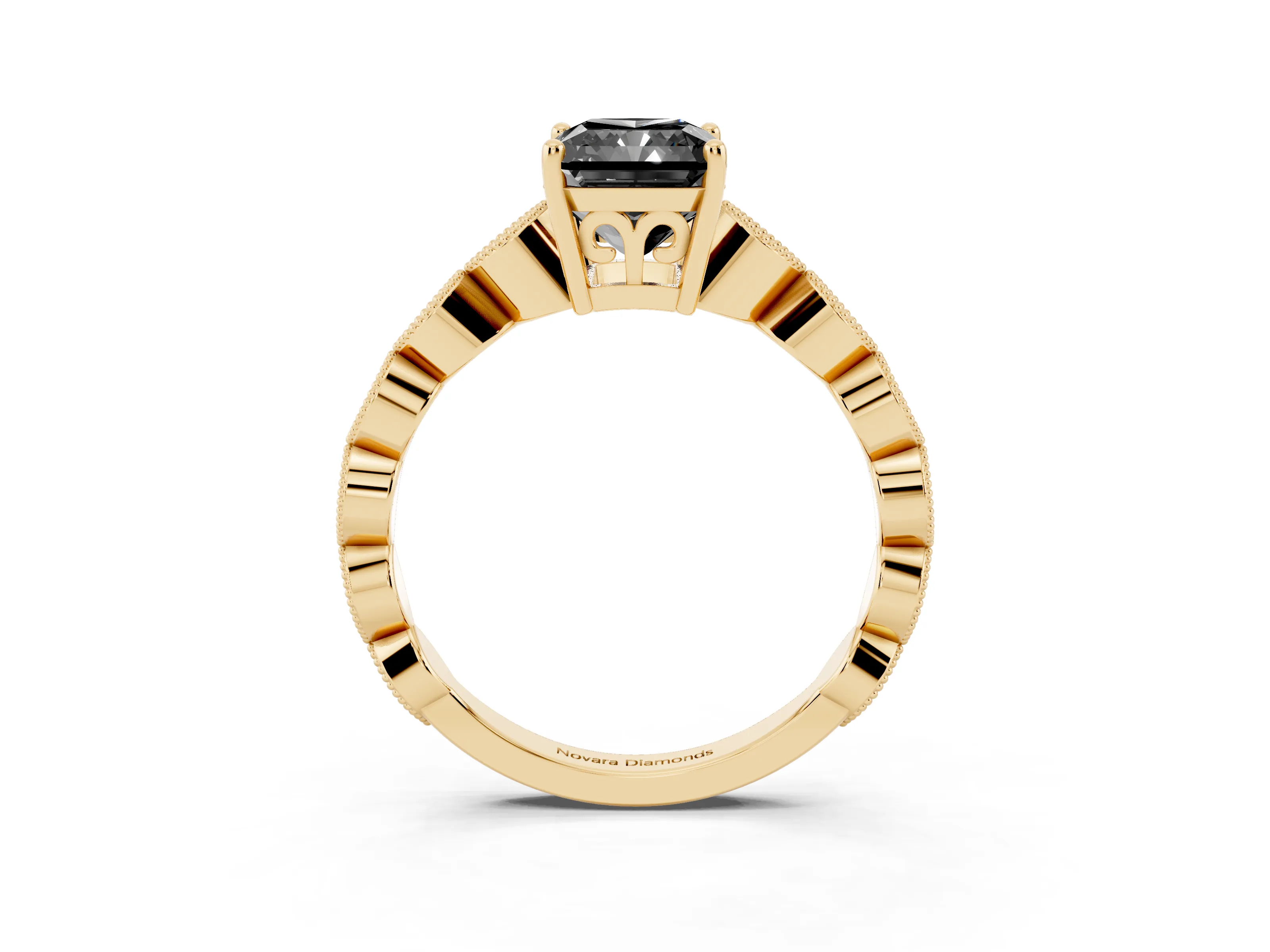 Fancy Black Radiant Cut Diamond Solitaire Ring Set in Yellow gold with Infinity Twist Pavé Band