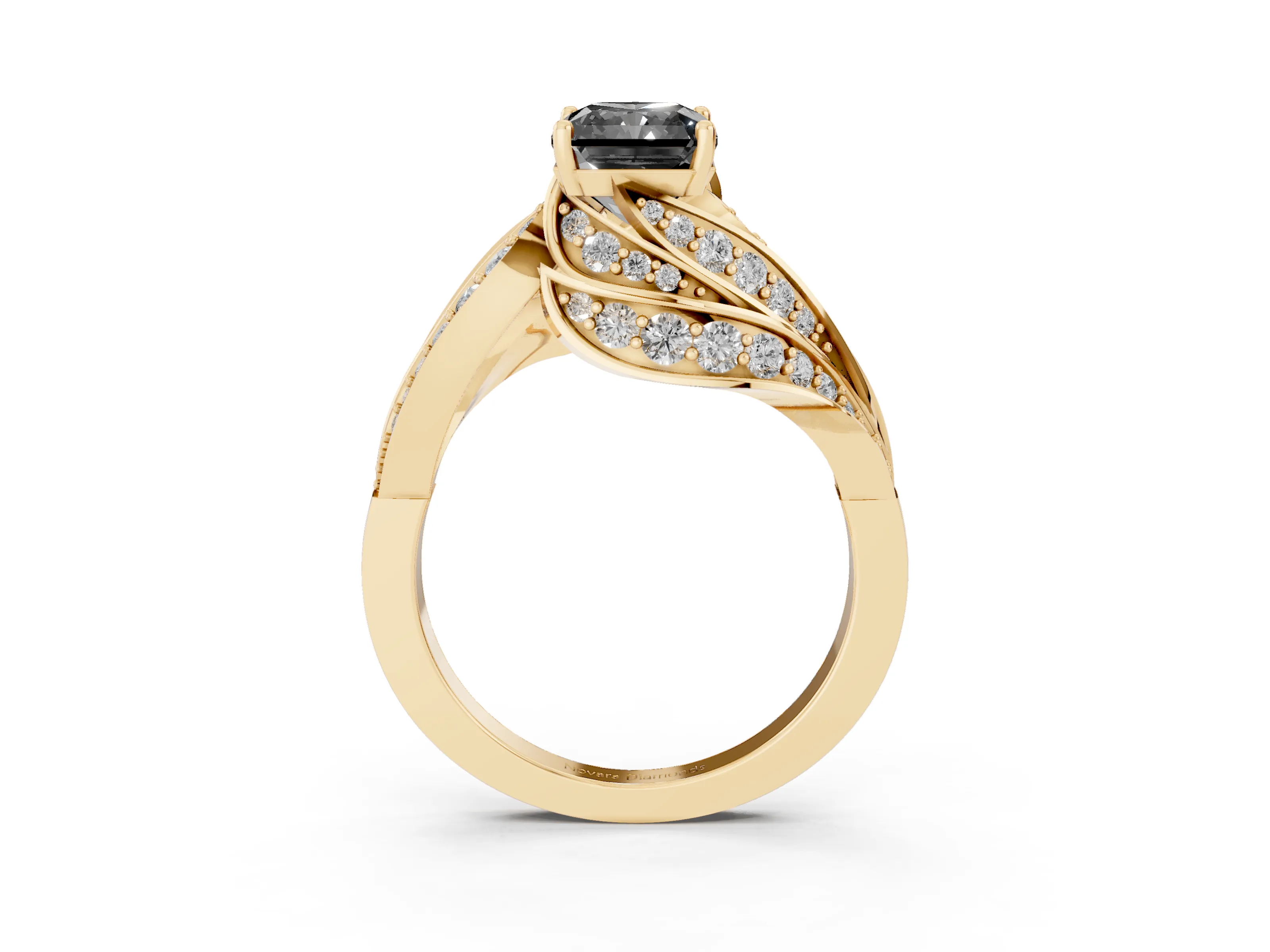 Fancy Black Radiant Cut Diamond Solitaire Ring Set in Yellow gold with Layered Twist Pavé Band