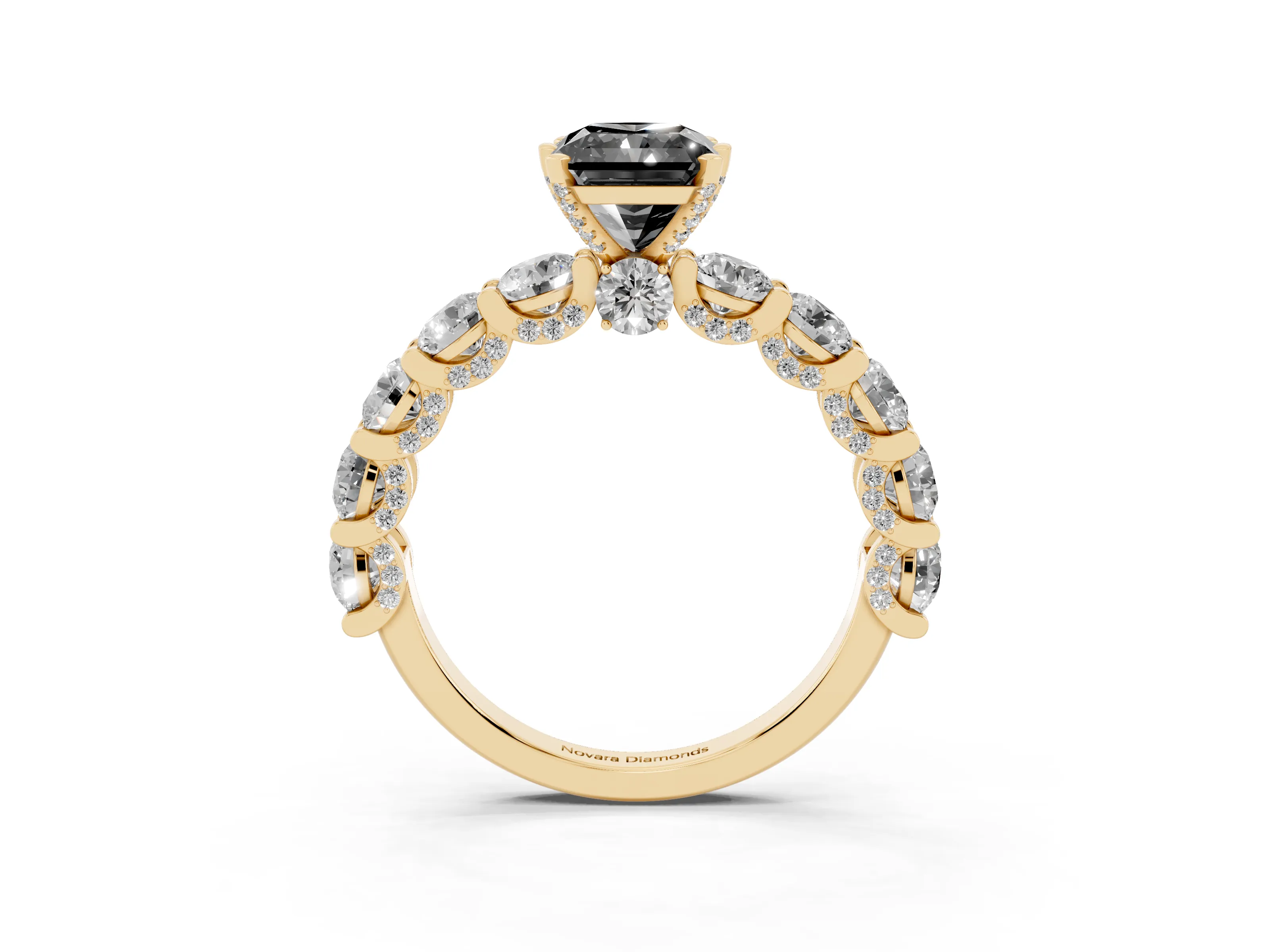Fancy Black Radiant Cut Diamond Side Stone Ring Set in Yellow gold with Alternating Round and Oval Side Stones
