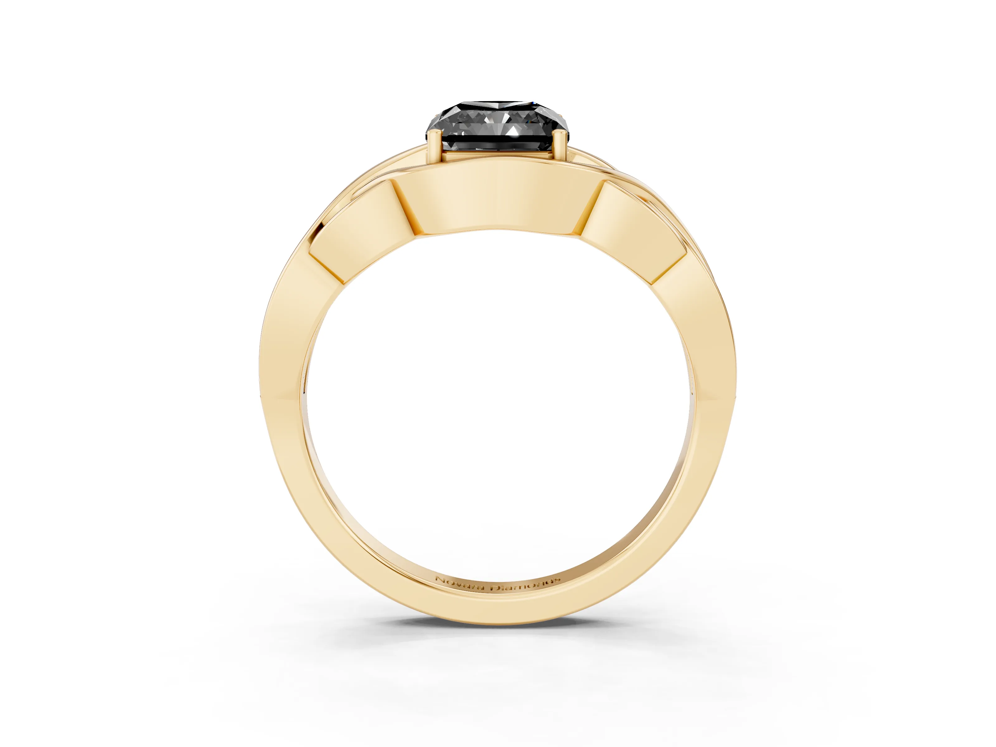 Fancy Black Radiant Cut Diamond Solitaire Ring Set in Yellow gold with Intertwined Band
