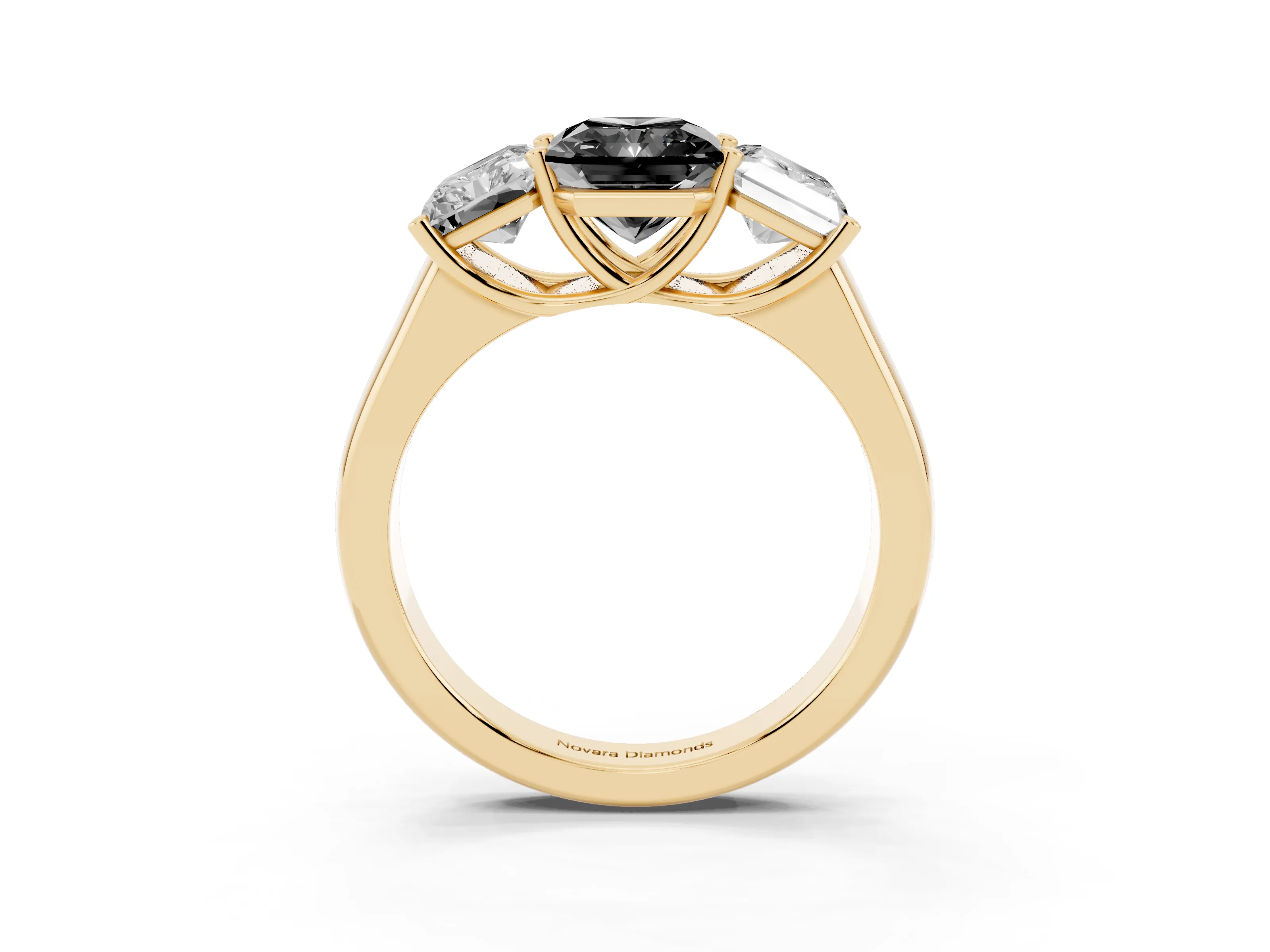 Fancy Black Radiant Cut Diamond Three-Stone Ring Set in Yellow gold with Plain Polished Band