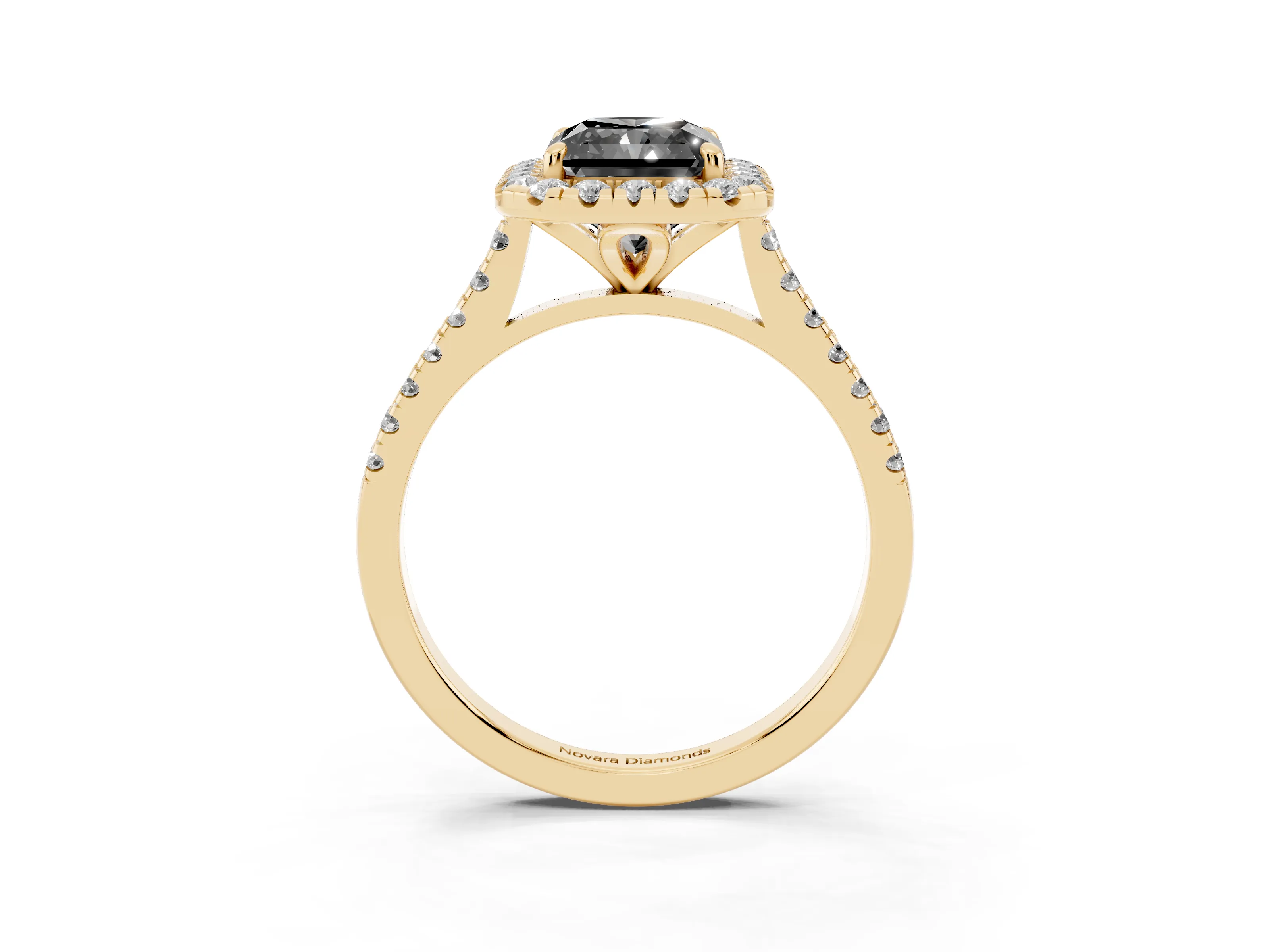 Fancy Black Radiant Cut Diamond Cushion Halo Ring Set in Yellow gold with Pavé Band