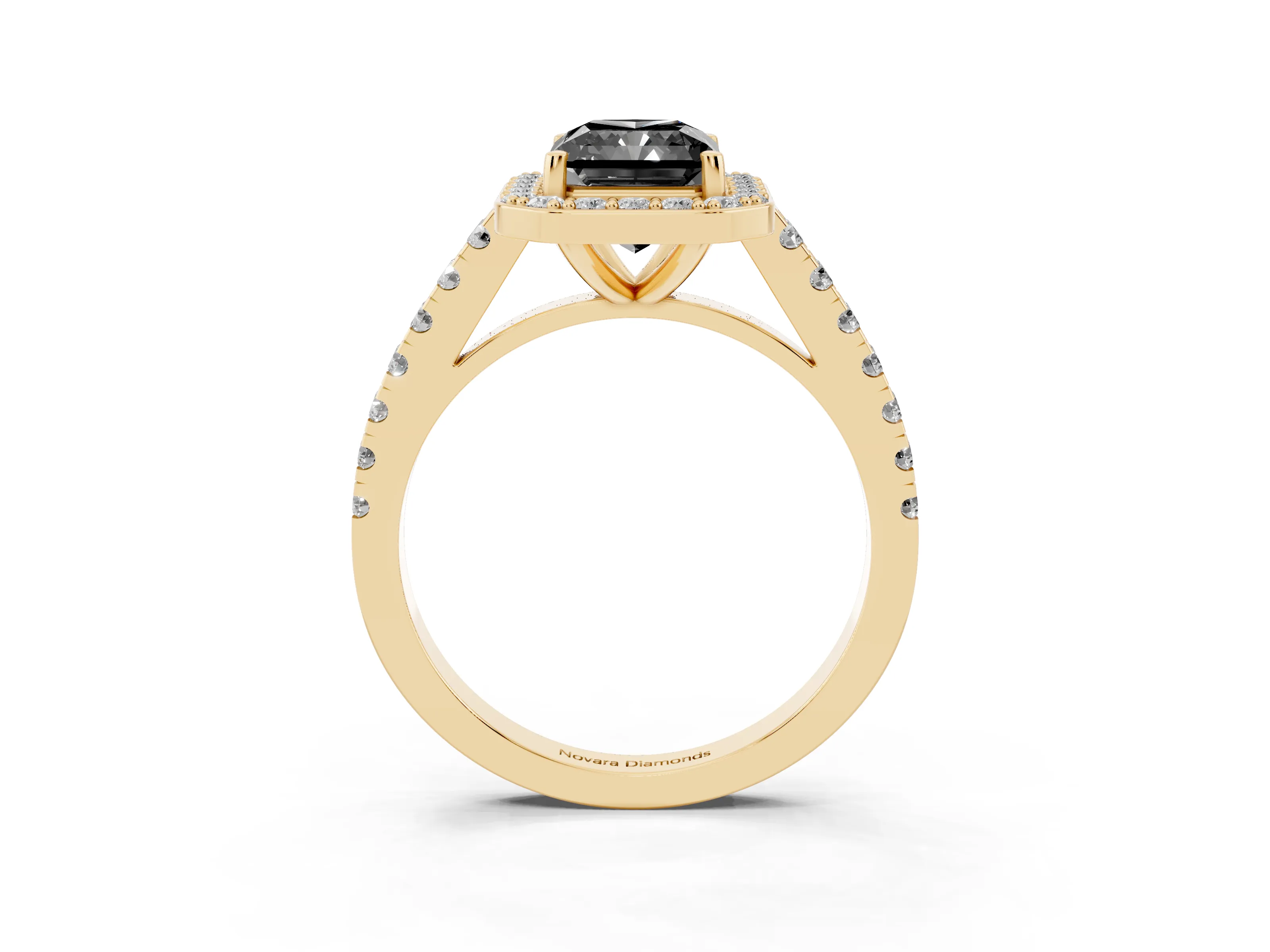 Fancy Black Radiant Cut Diamond Halo Ring Set in Yellow gold with Round Pavé Split Shank and Prong Setting