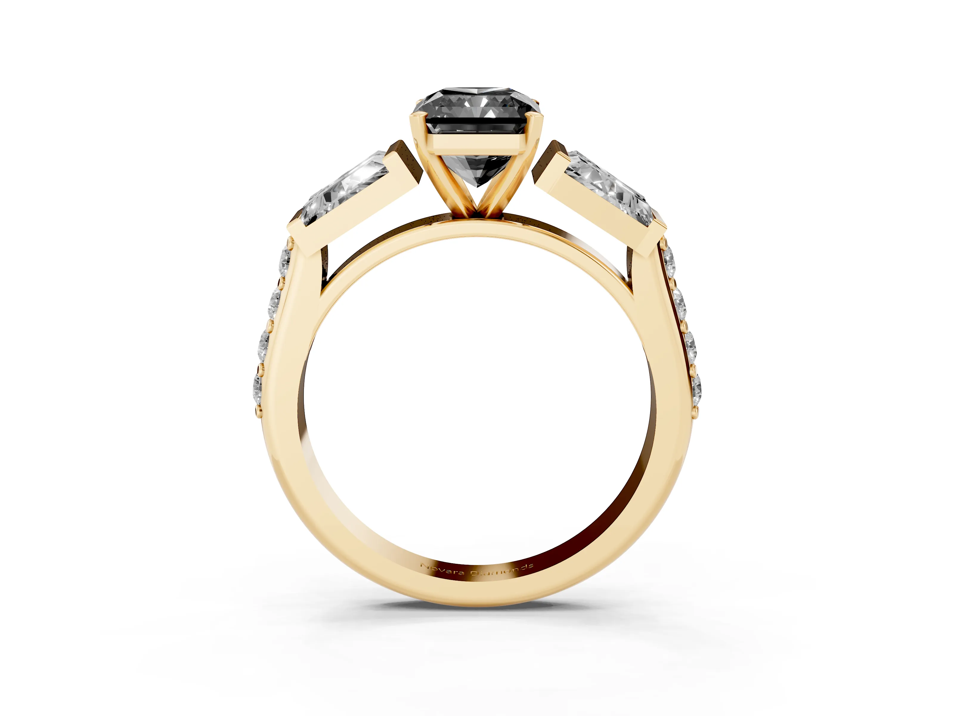 Fancy Black Radiant Cut Diamond Engagement Ring Set in Yellow gold with Baguette Side Stones and Channel Set Band