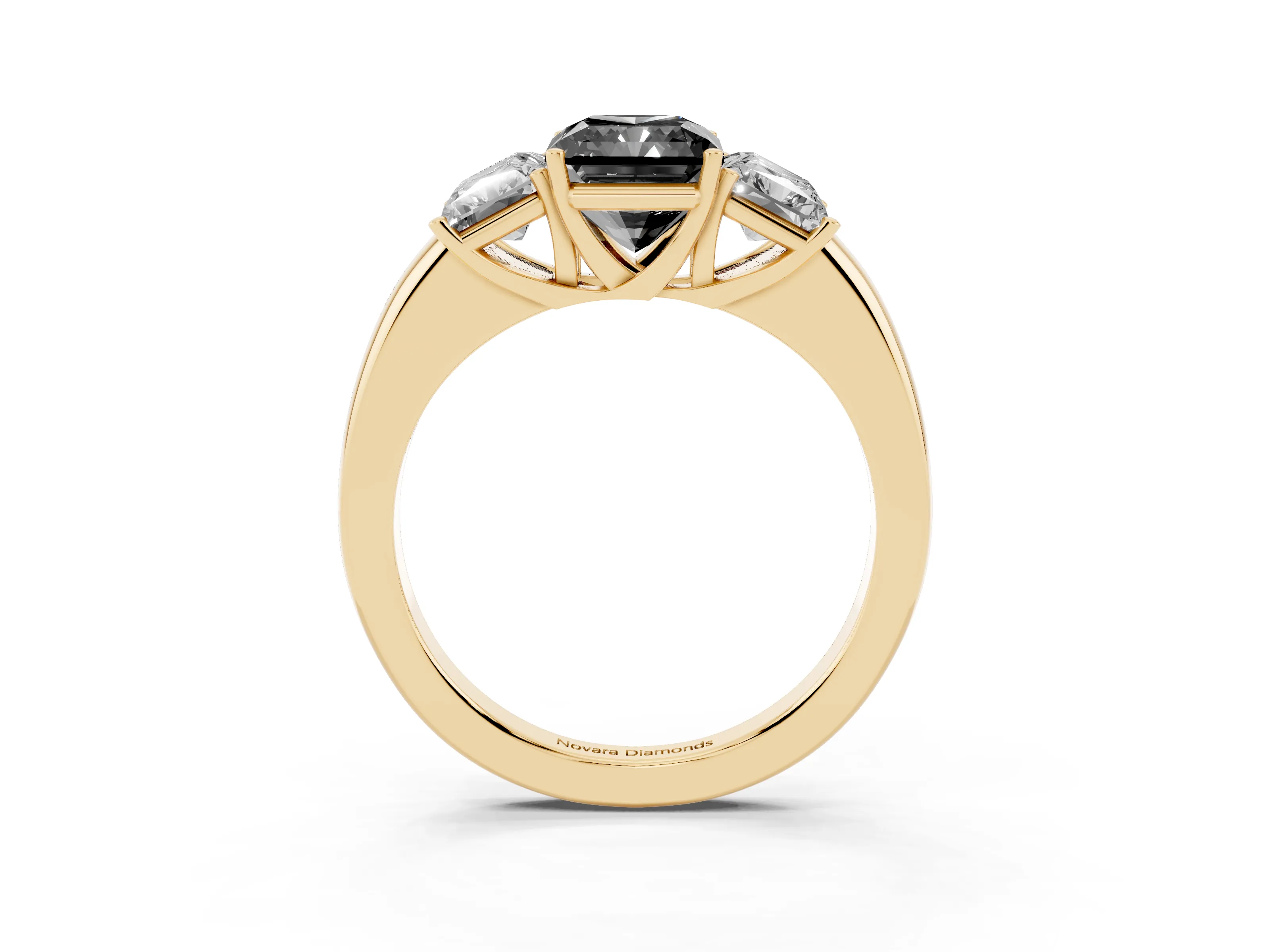Fancy Black Radiant Cut Diamond Three-Stone Ring Set in Yellow gold with Bold Center and Classic Band