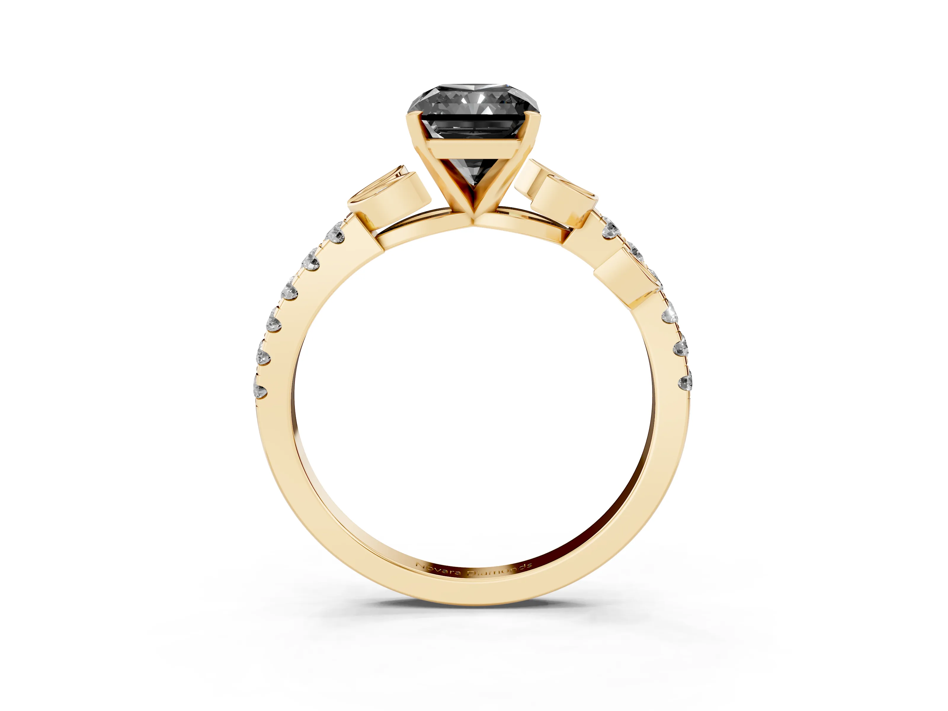 Fancy Black Radiant Cut Diamond Solitaire Leaf-Inspired Ring Set in Yellow gold with Pavé Band and Prong Setting