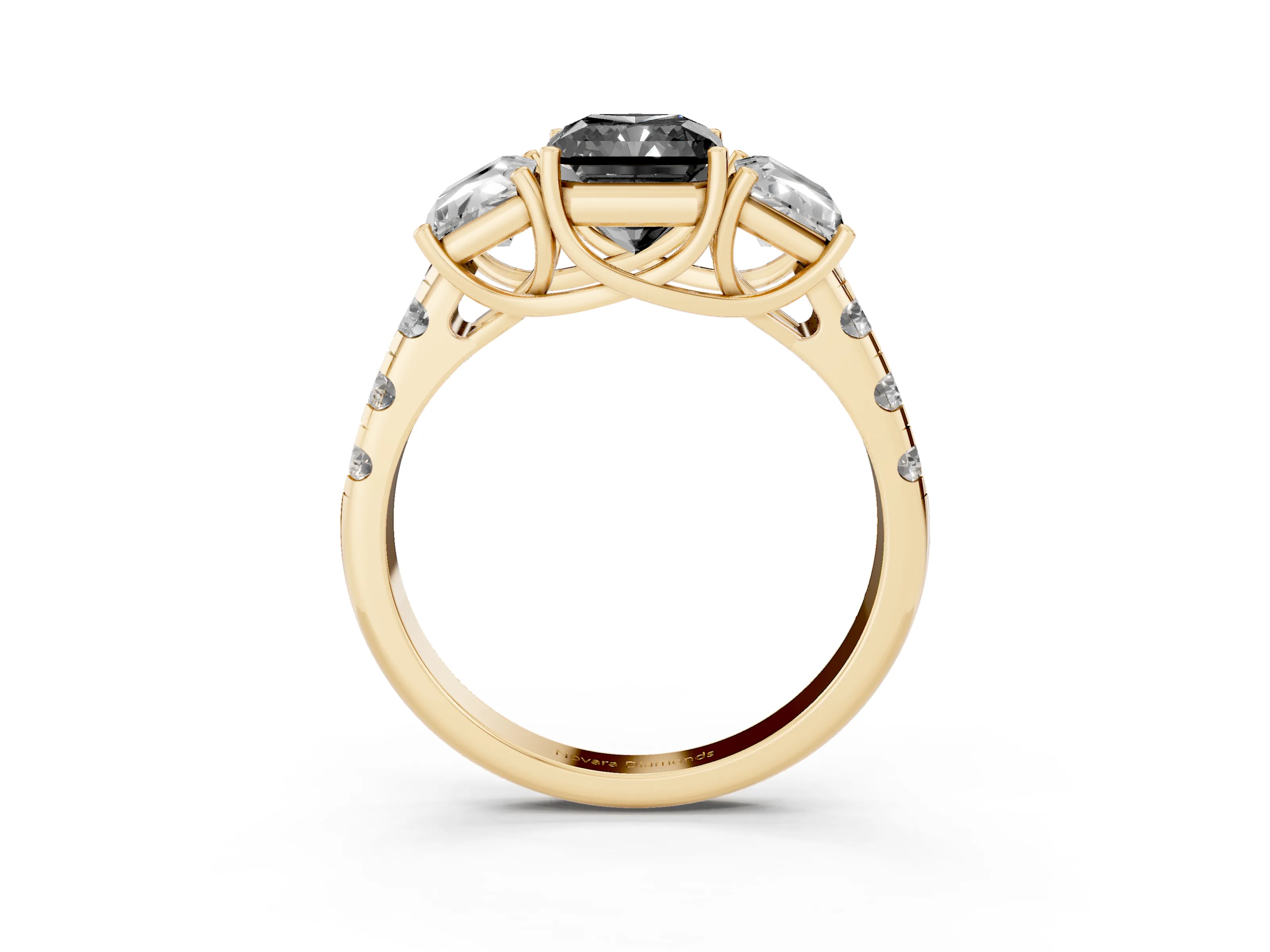 Fancy Black Radiant Cut Diamond Three-Stone Ring Set in Yellow gold with Pavé Band