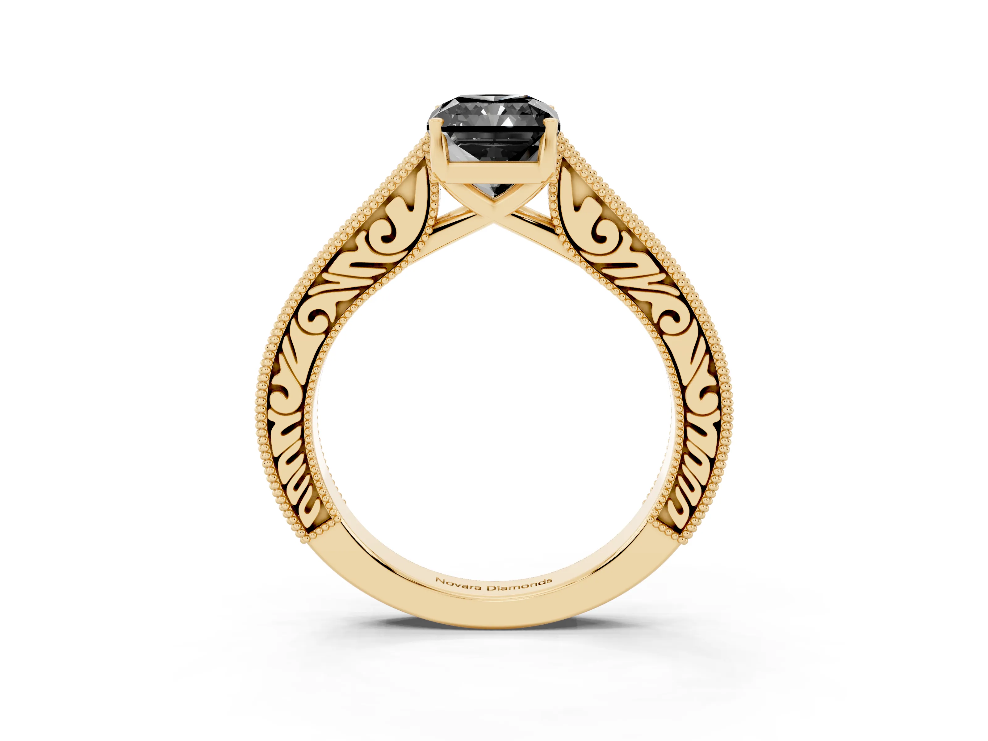 Fancy Black Radiant Cut Diamond Milgrain Pavé Band Solitaire Ring Set in Yellow gold with Prong Setting