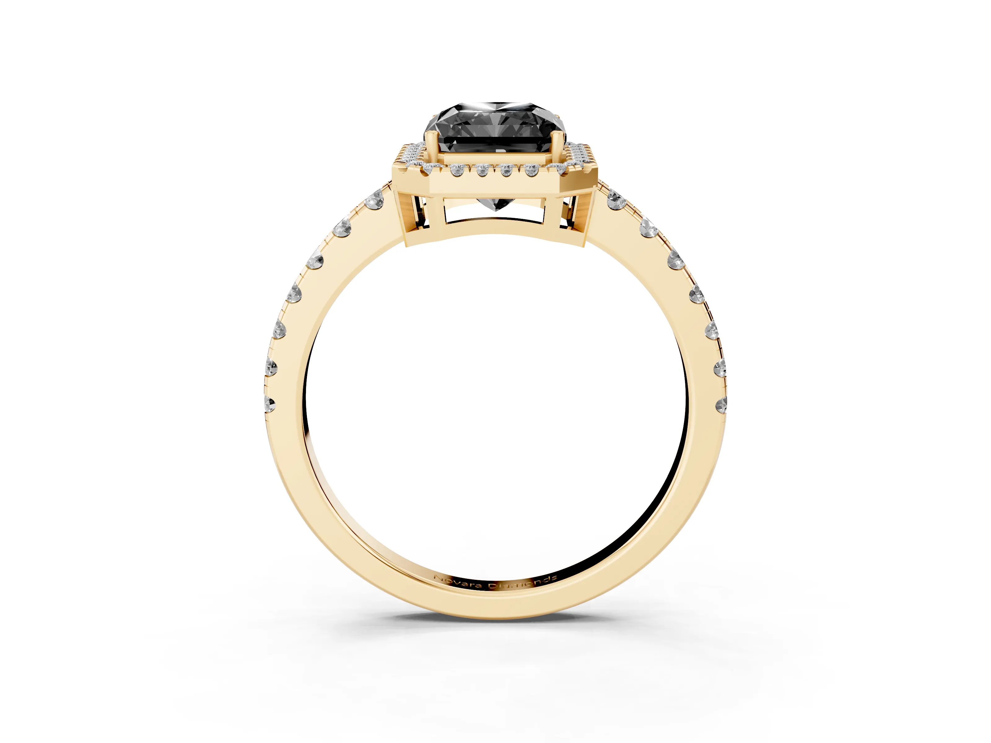Fancy Black Radiant Cut Diamond Halo Ring Set in Yellow gold with Delicate Pavé Band and Prong Setting