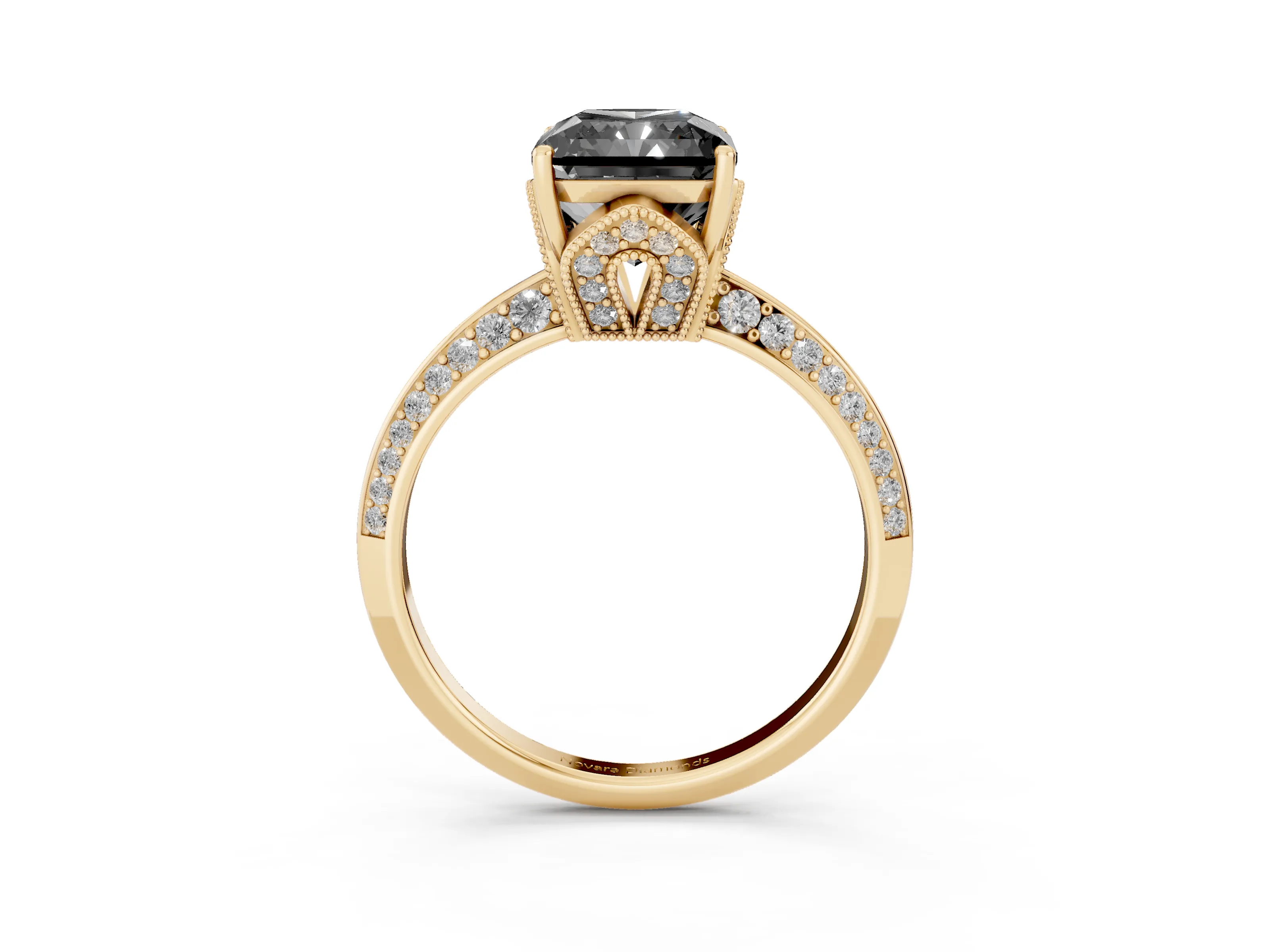 Fancy Black Radiant Cut Diamond Solitaire Engagement Ring Set in Yellow gold with Pavé Split Shank and Prong Setting