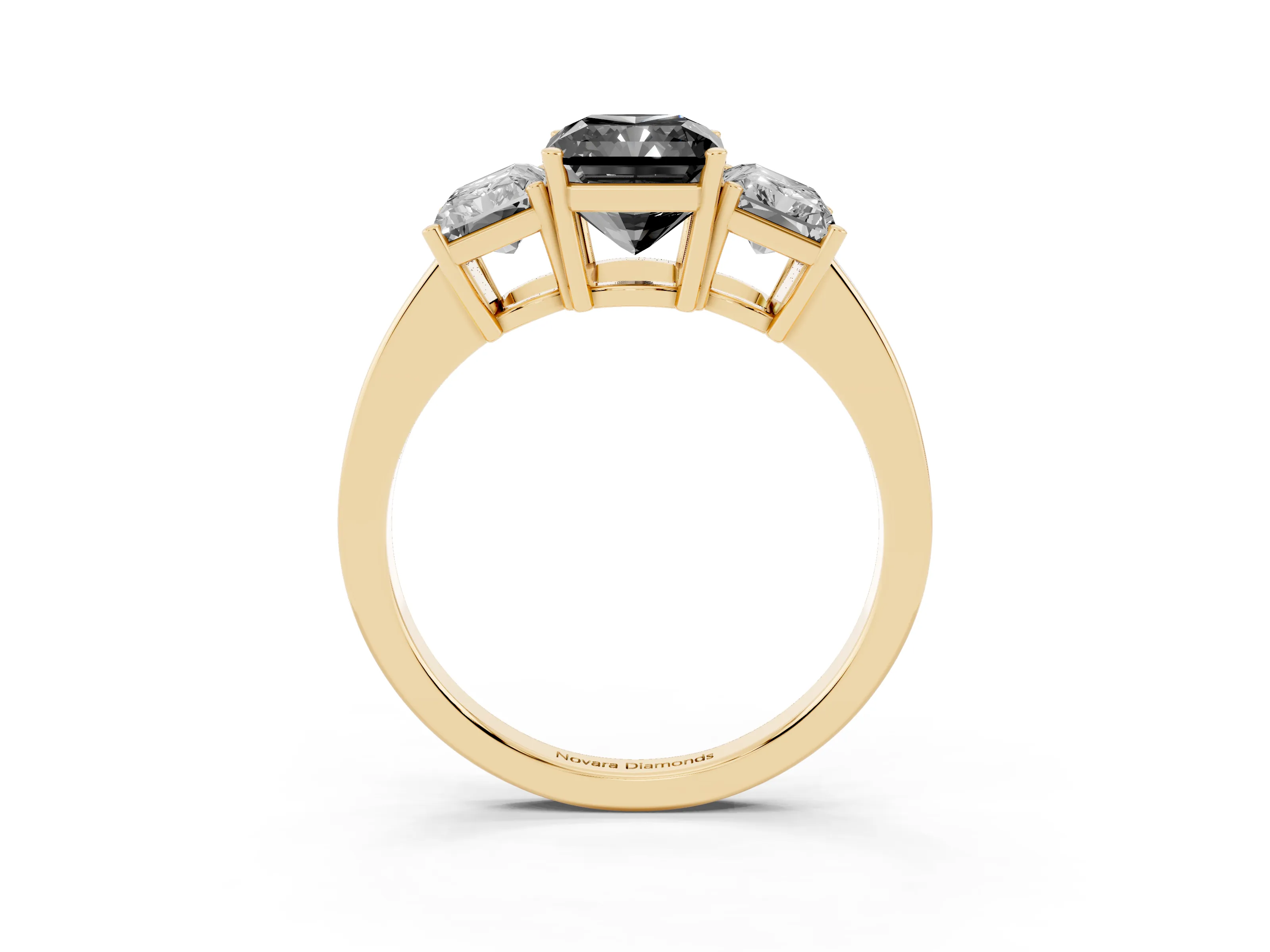 Fancy Black Radiant Cut Diamond Three-Stone Engagement Ring Set in Yellow gold with Flat Band