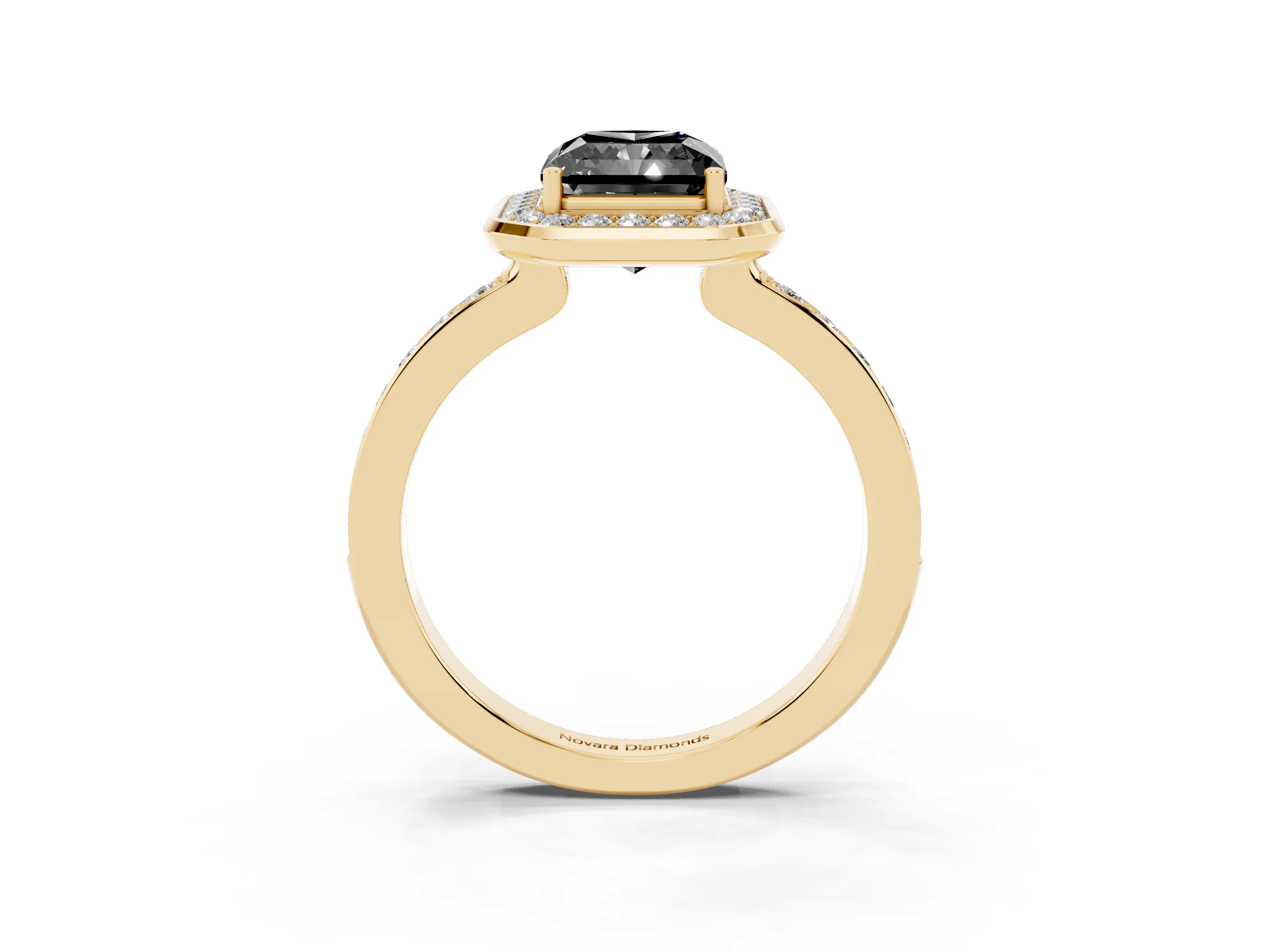 Fancy Black Radiant Cut Diamond Halo Ring Set in Yellow gold with Bezel Frame and Pavé Band