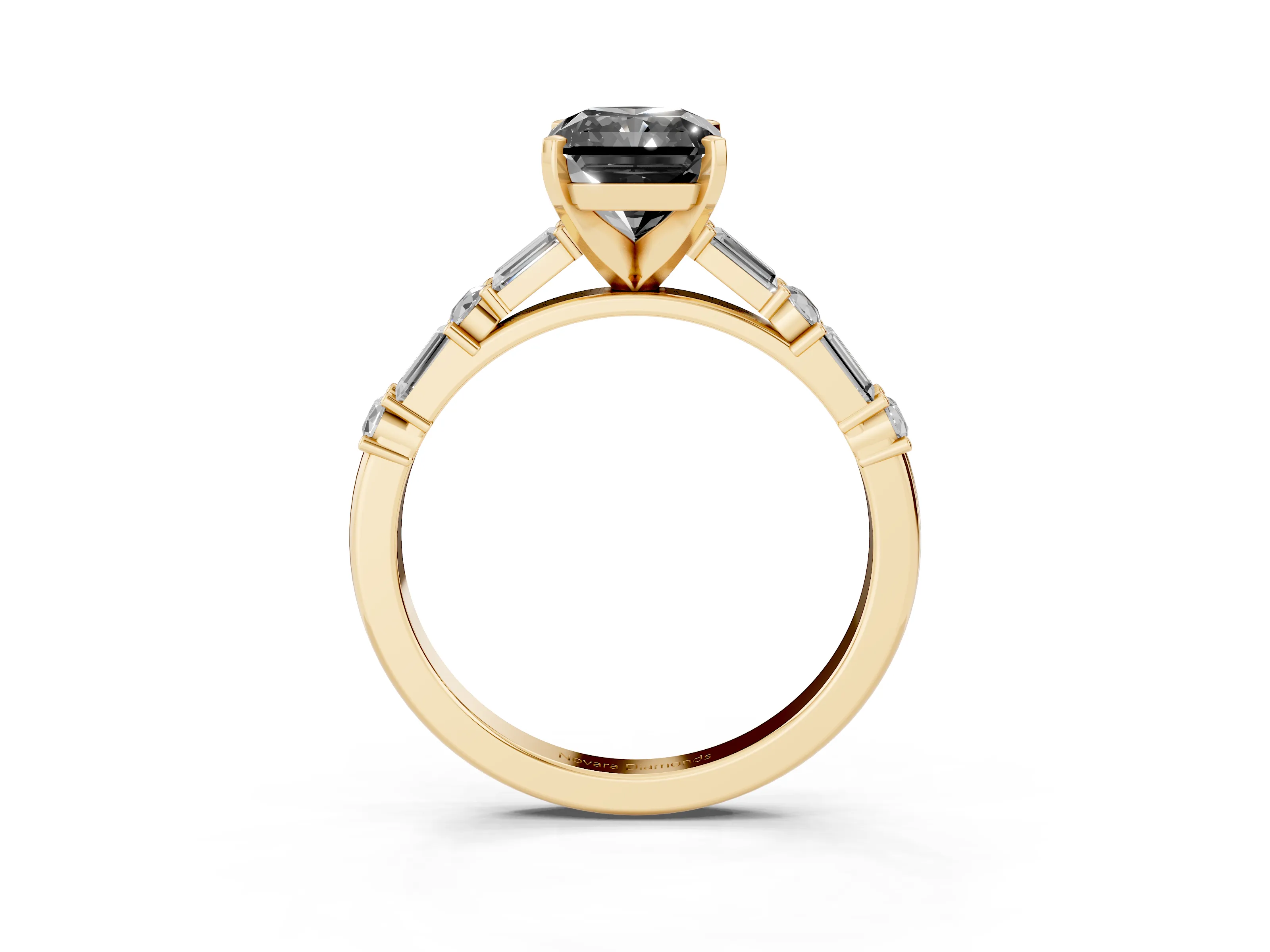 Fancy Black Radiant Cut Diamond Solitaire Set in Yellow gold with Side Baguettes and Channel Set Band