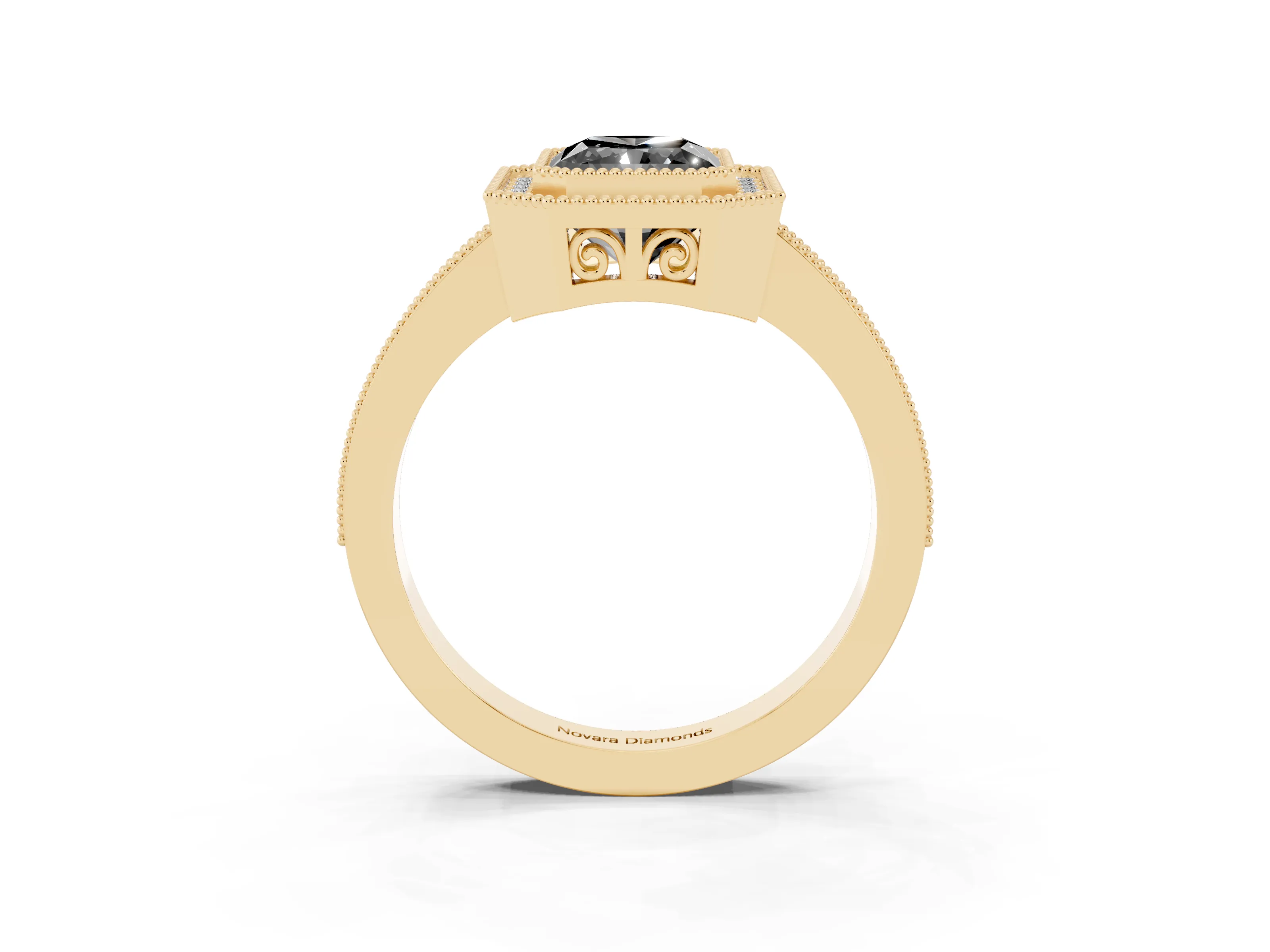 Fancy Black Radiant Cut Diamond Round Halo Ring Set in Yellow gold with Pavé Band