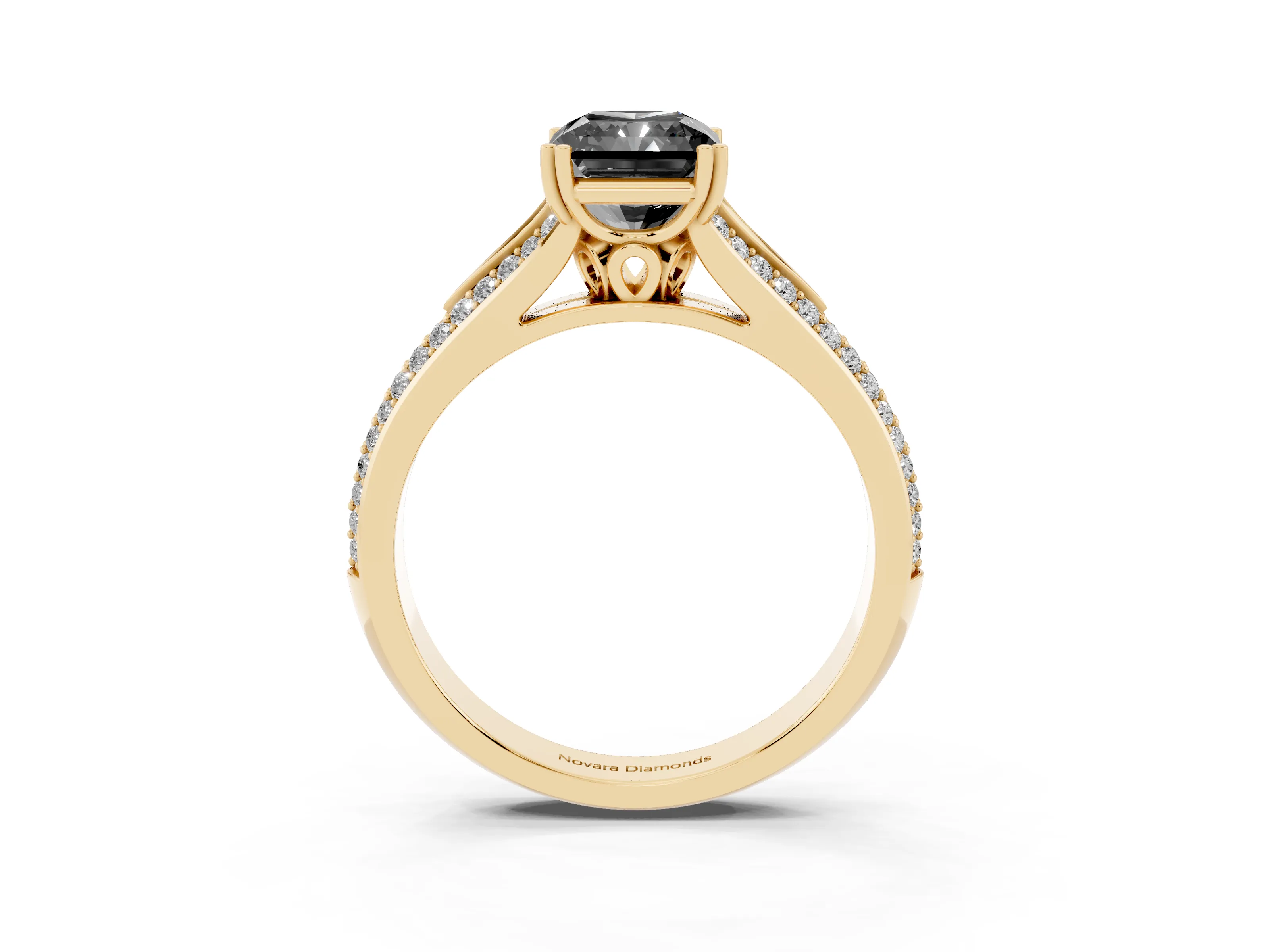 Fancy Black Radiant Cut Diamond Split Shank Pavé Engagement Ring Set in Yellow gold with Prong-Set Center Stone