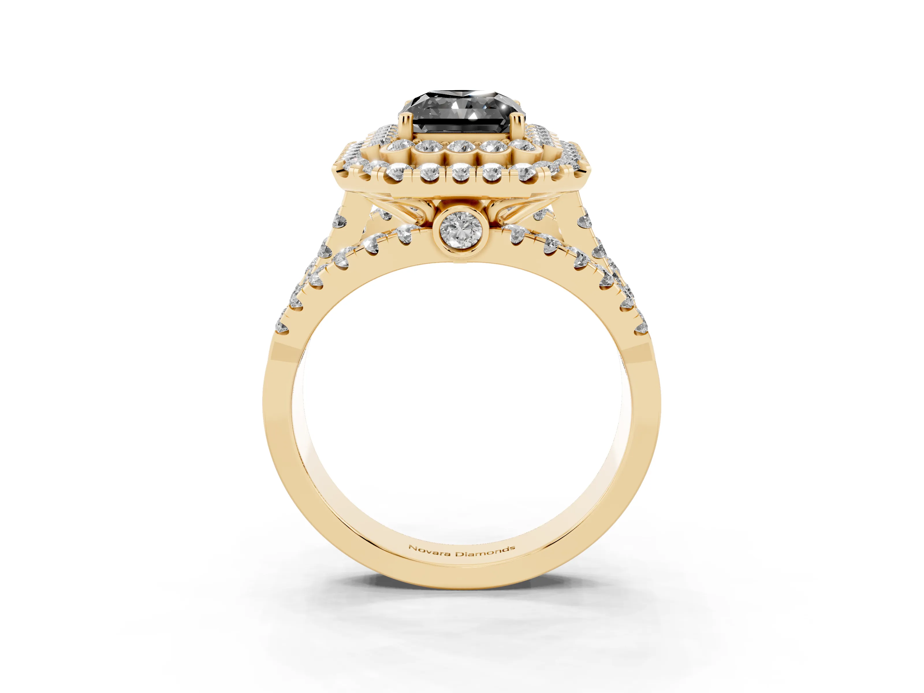 Fancy Black Radiant Cut Diamond Double Halo Ring Set in Yellow gold with Round Pavé Split Shank