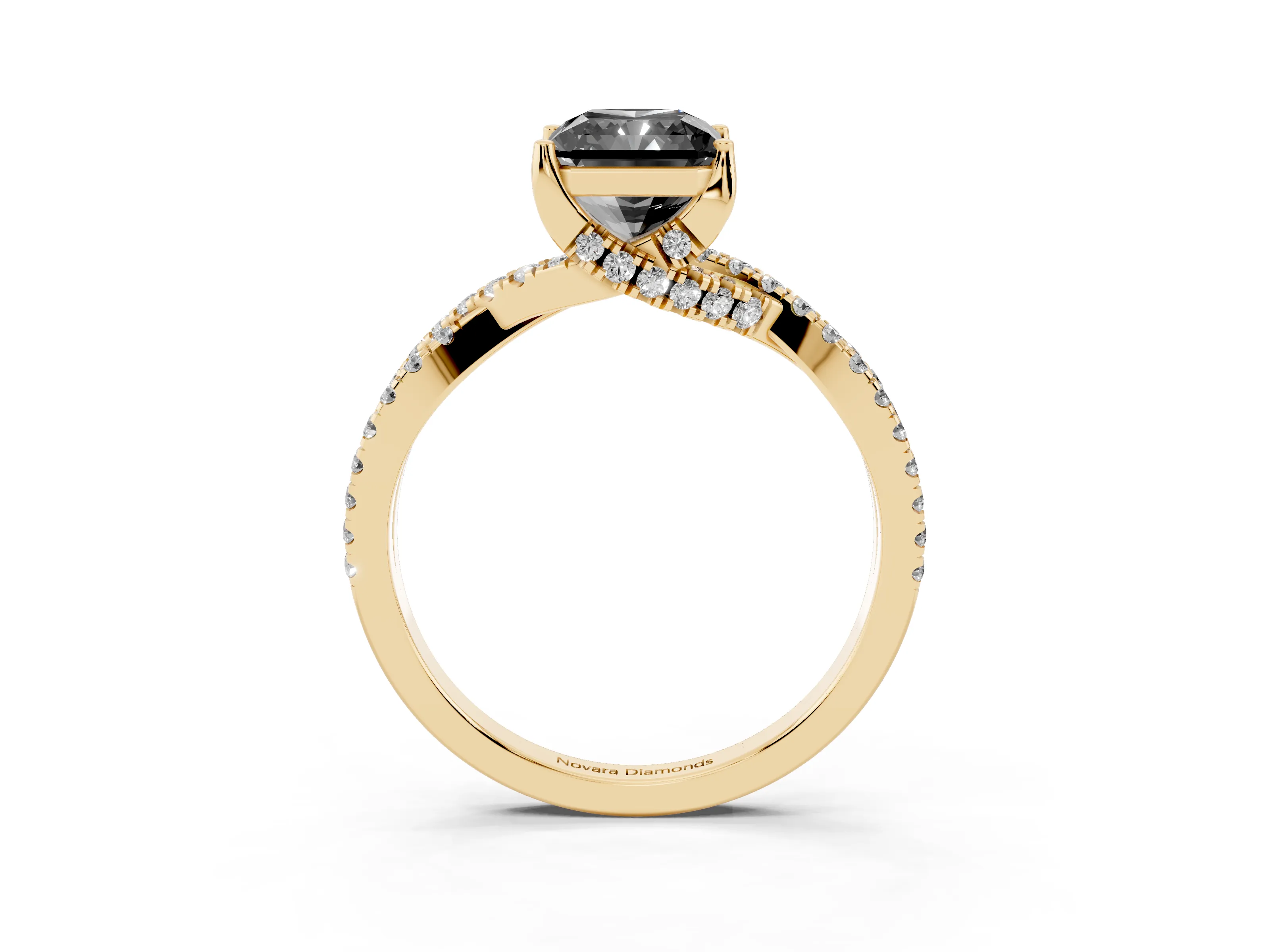 Fancy Black Radiant Cut Diamond Twist Pavé Solitaire Engagement Ring Set in Yellow gold with Prong Setting