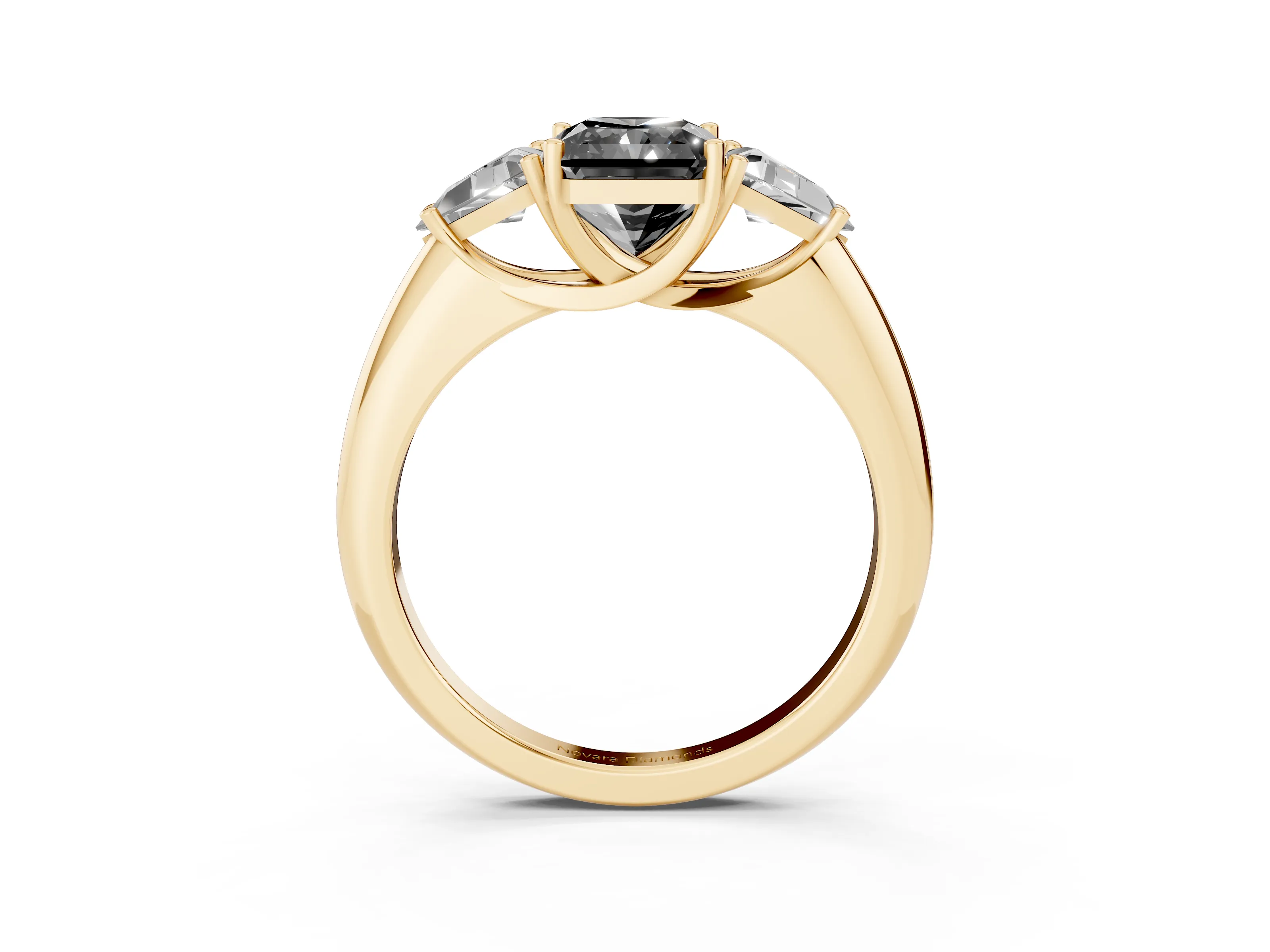 Fancy Black Radiant Cut Diamond Three-Stone Engagement Ring Set in Yellow gold with Trillion Side Stones