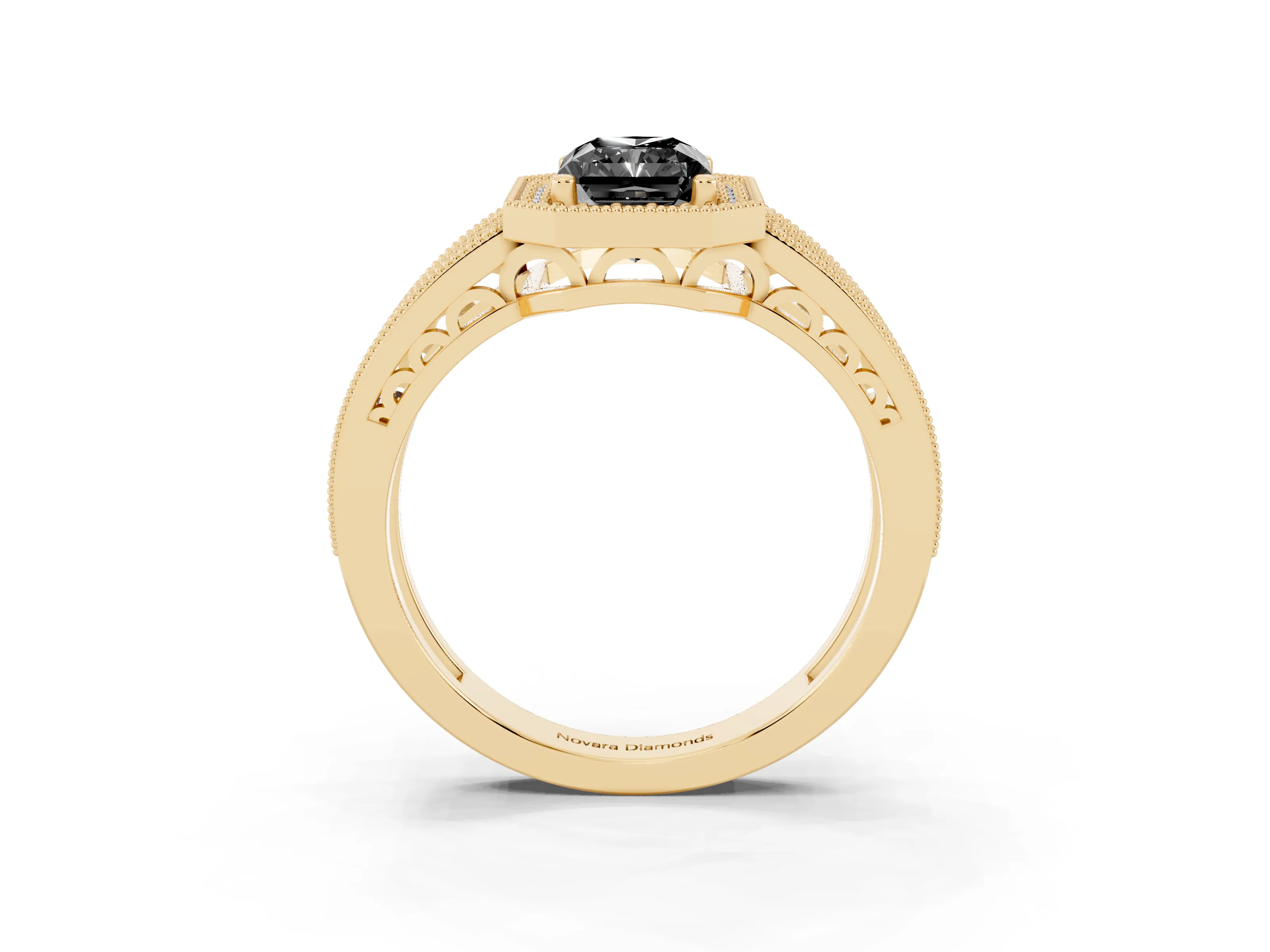 Fancy Black Radiant Cut Diamond Halo Ring Set in Yellow gold with Accent Split Shank and Prong Setting