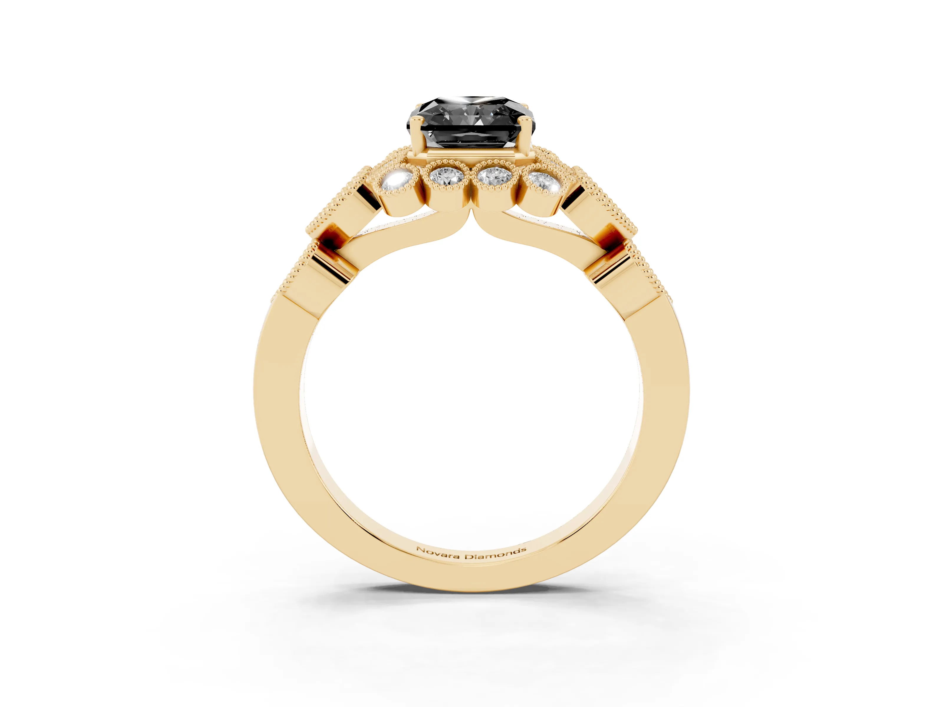 Fancy Black Radiant Cut Diamond Solitaire Ring Set in Yellow gold with Milgrain Pavé Heart Band