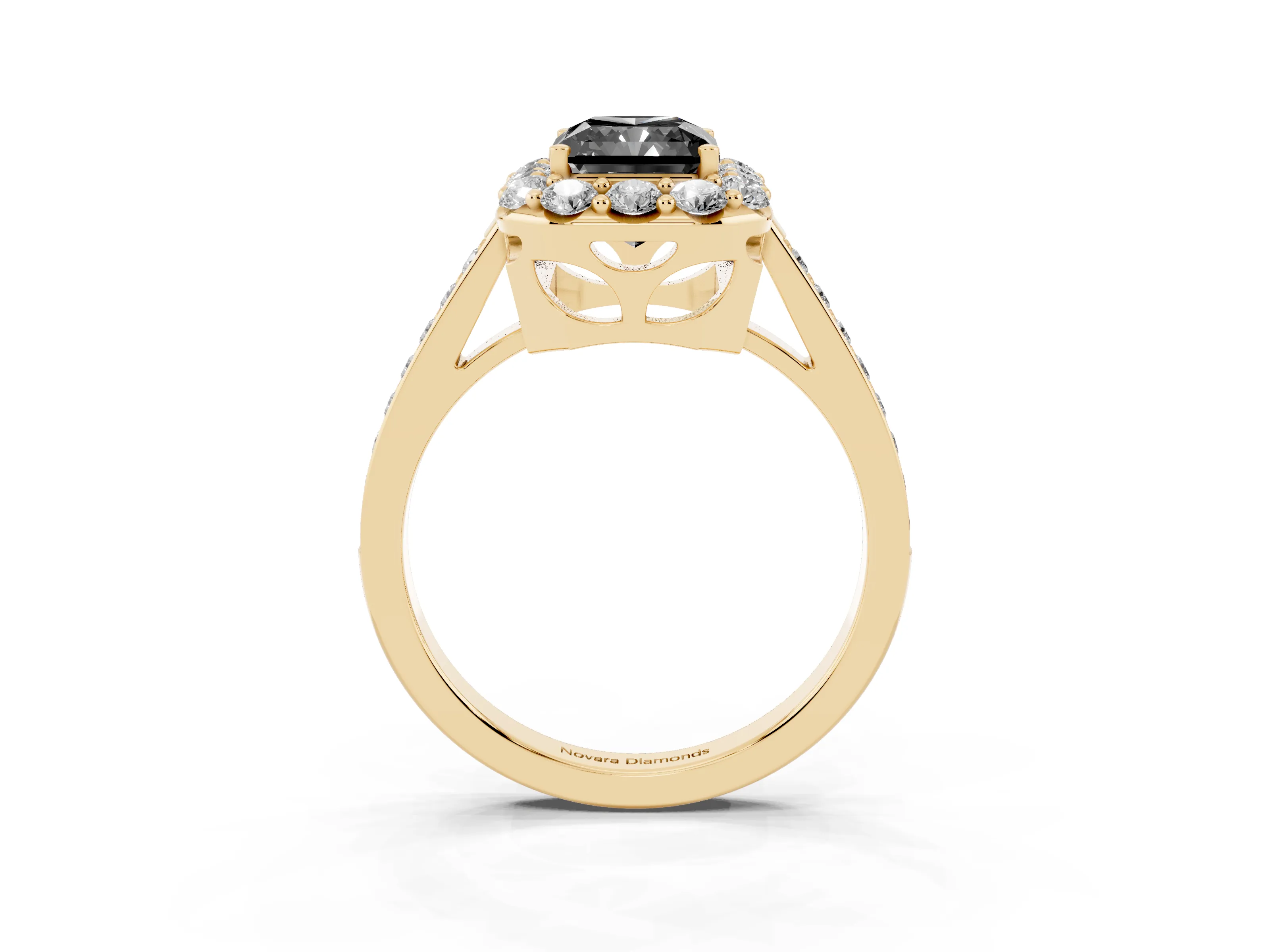 Fancy Black Radiant Cut Diamond Floral Halo Ring Set in Yellow gold with Pavé Band and Prong Setting