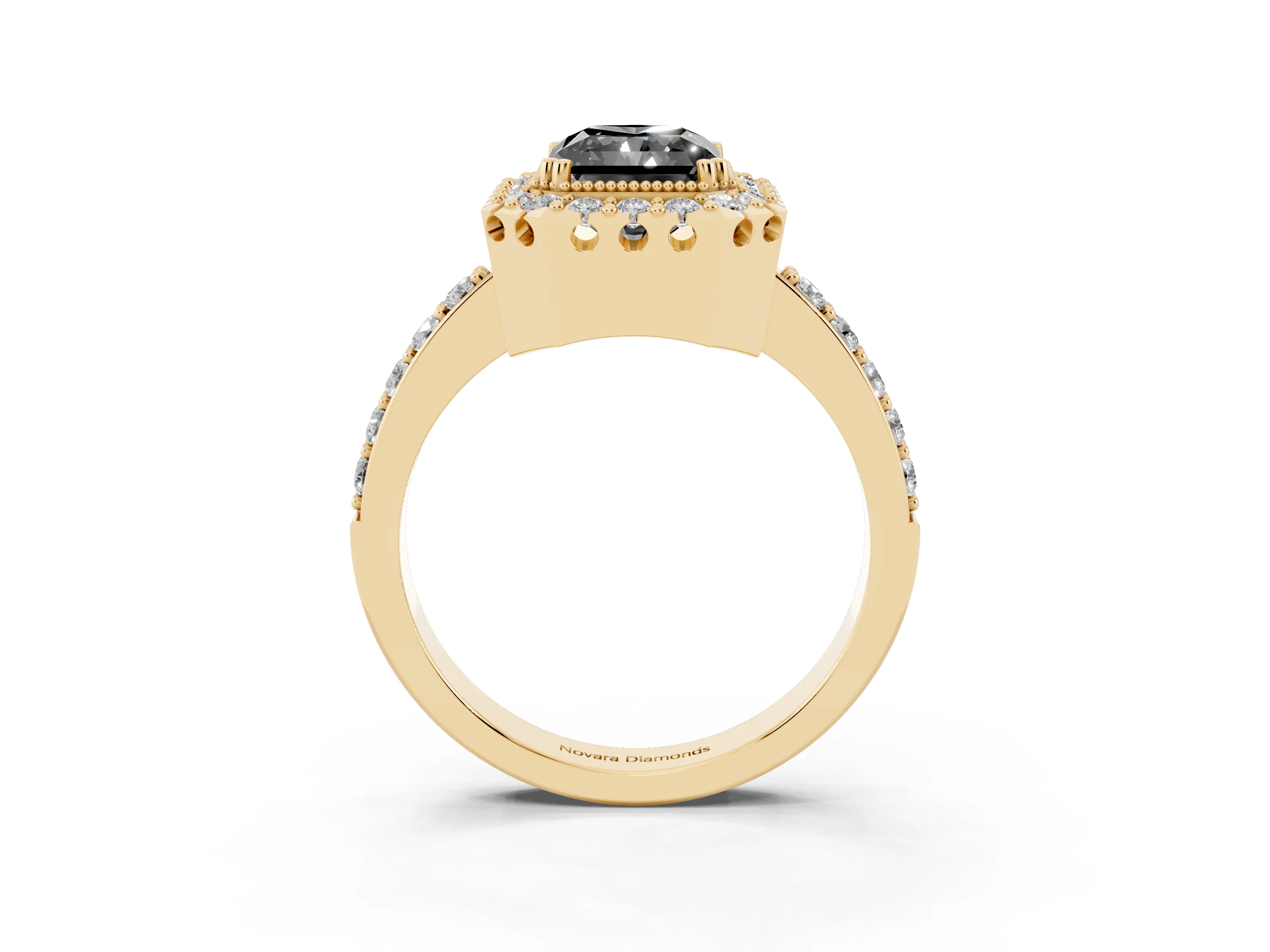 Fancy Black Radiant Cut Diamond Halo Ring Set in Yellow gold with Pavé Shank and Prong Setting