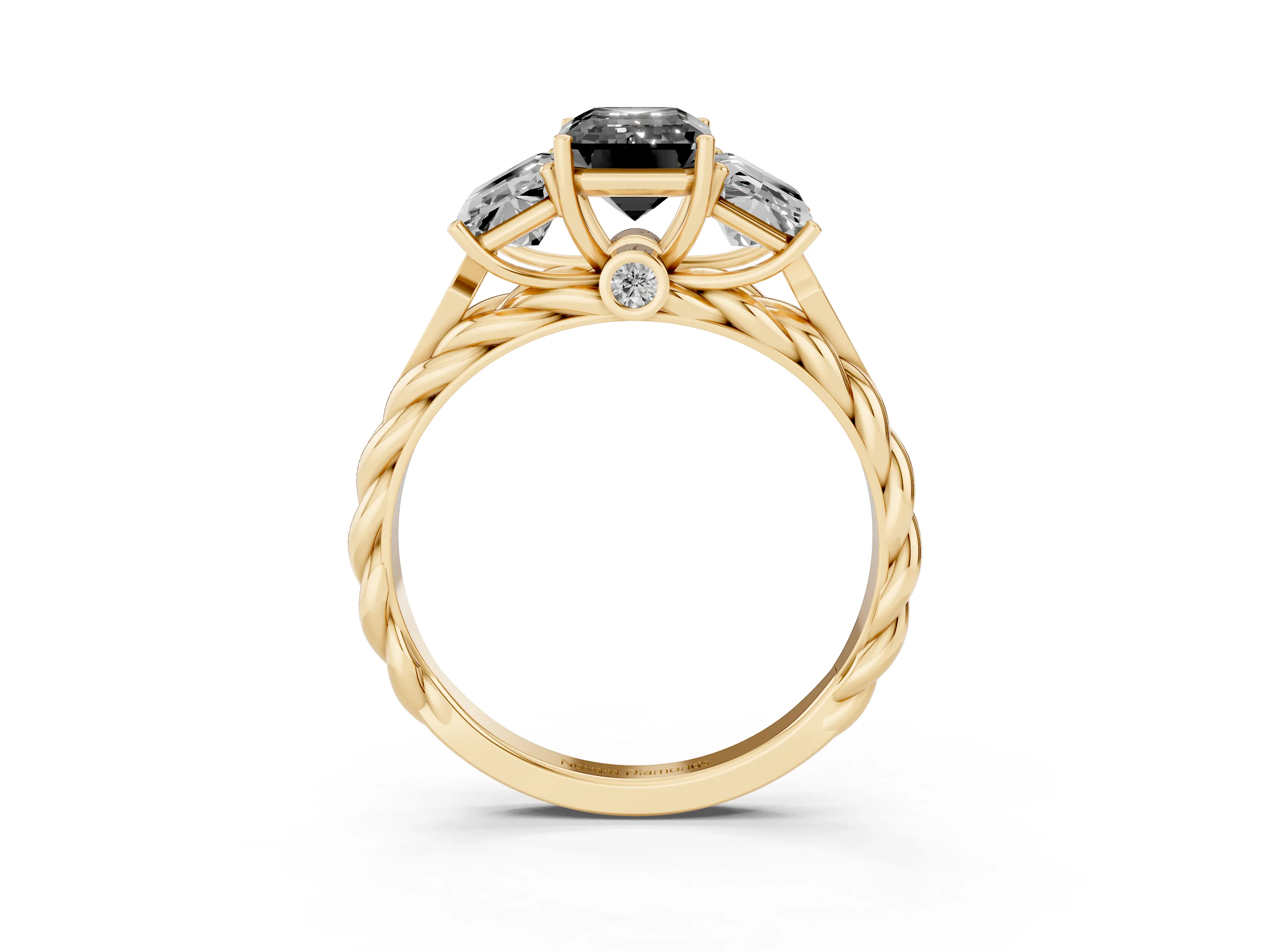 Fancy Black Radiant Cut Diamond Three-Stone Ring Set in Yellow gold with Braided Band