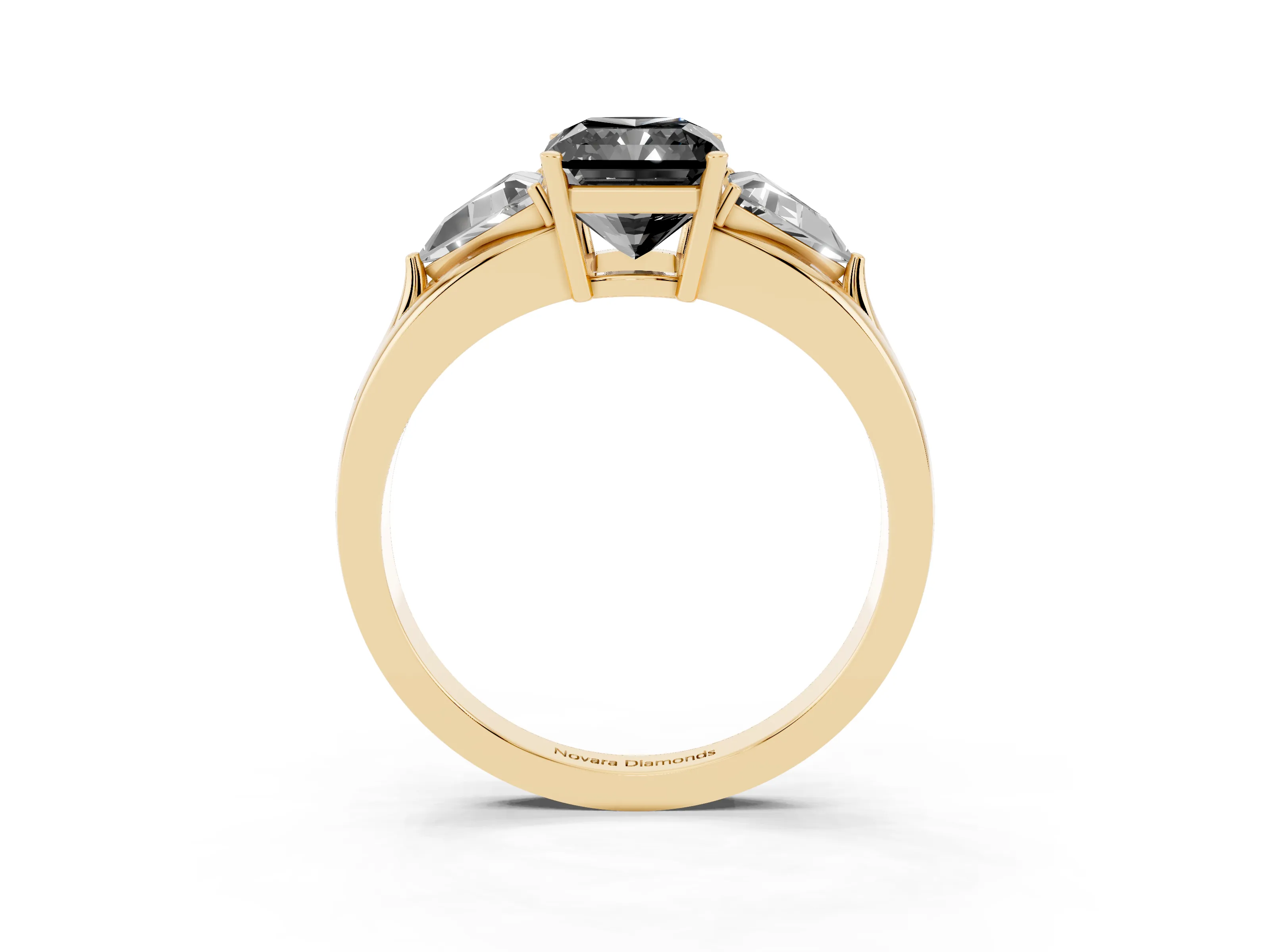 Fancy Black Radiant Cut Diamond Three-Stone Ring Set in Yellow gold with Trillion Side Stones and Split Shank