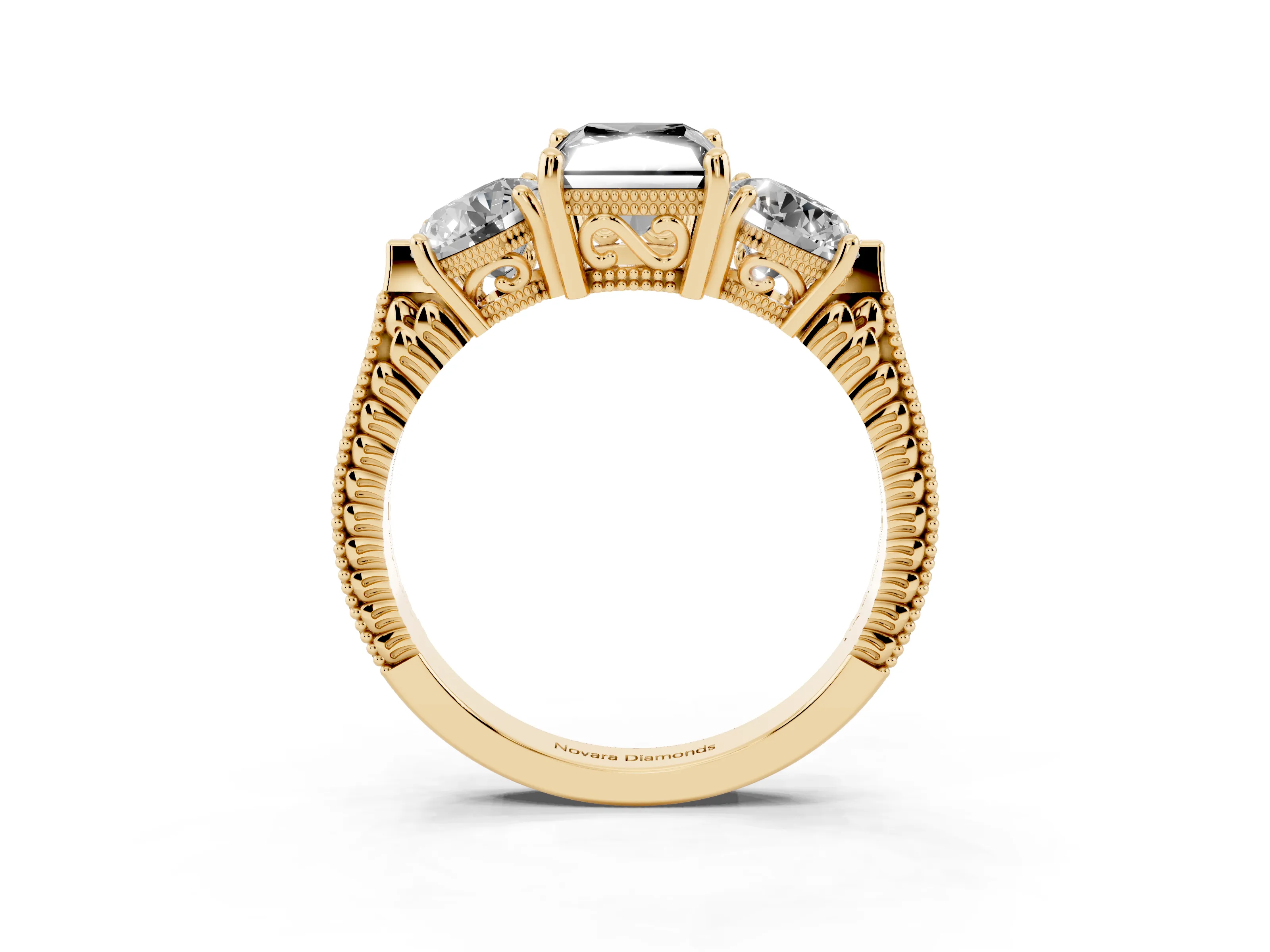 Fancy Black Radiant Cut Diamond Three-Stone Ring Set in Yellow gold with Milgrain Band