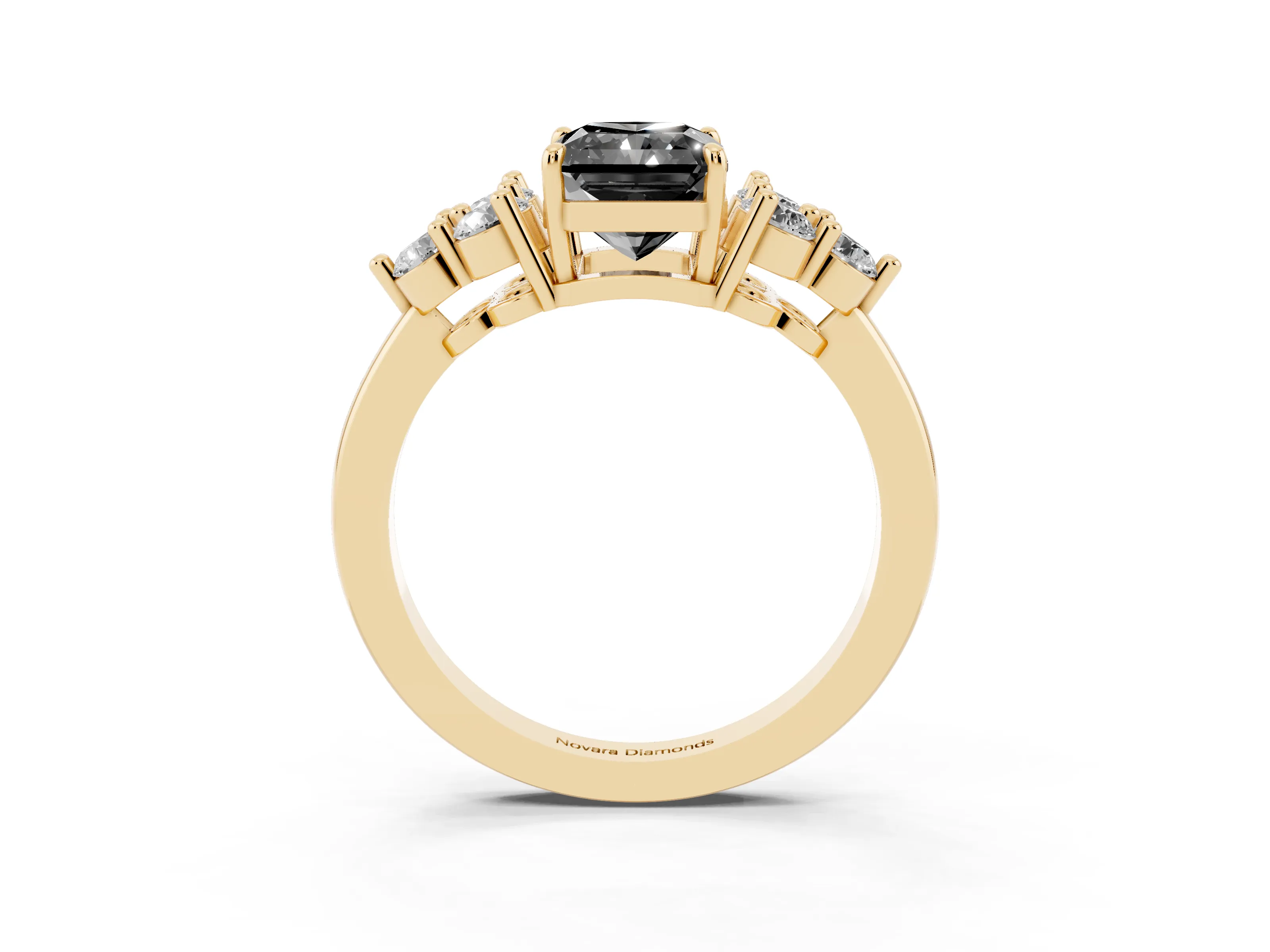 Fancy Black Radiant Cut Diamond Solitaire Ring Set in Yellow gold with Cluster Accents on Each Side