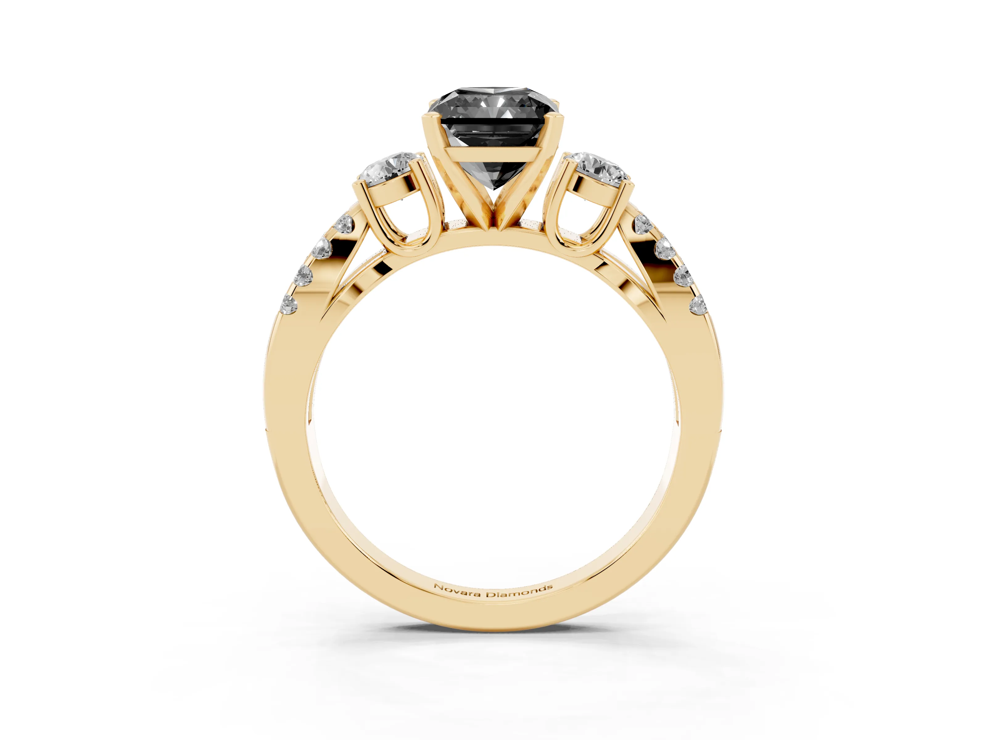 Fancy Black Radiant Cut Diamond Three-Stone Ring Set in Yellow gold with Pavé Split Shank and Prong Setting