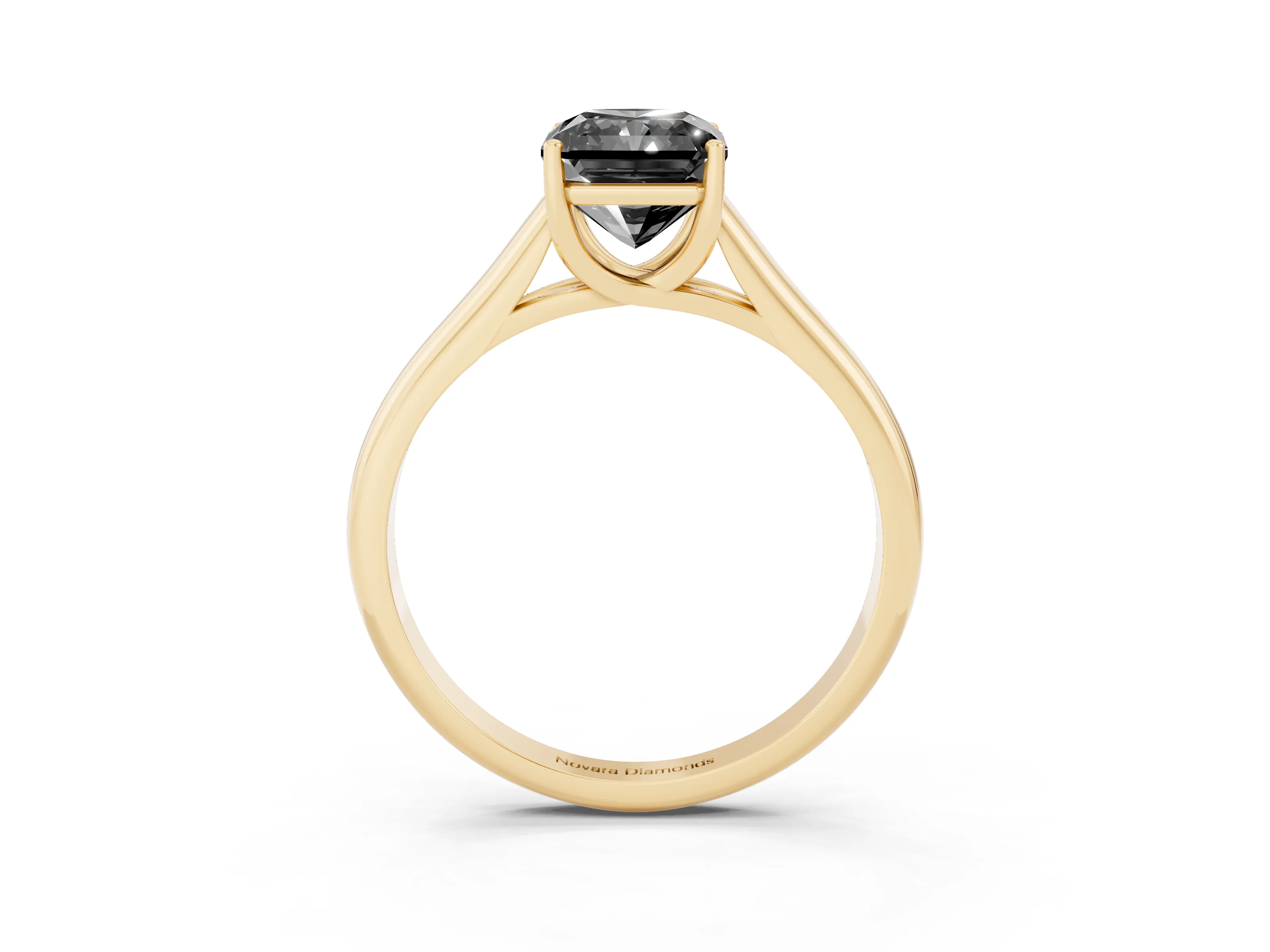 Fancy Black Radiant Cut Diamond Solitaire Engagement Ring Set in Yellow gold with Subtly Tapered Band and Prong Setting