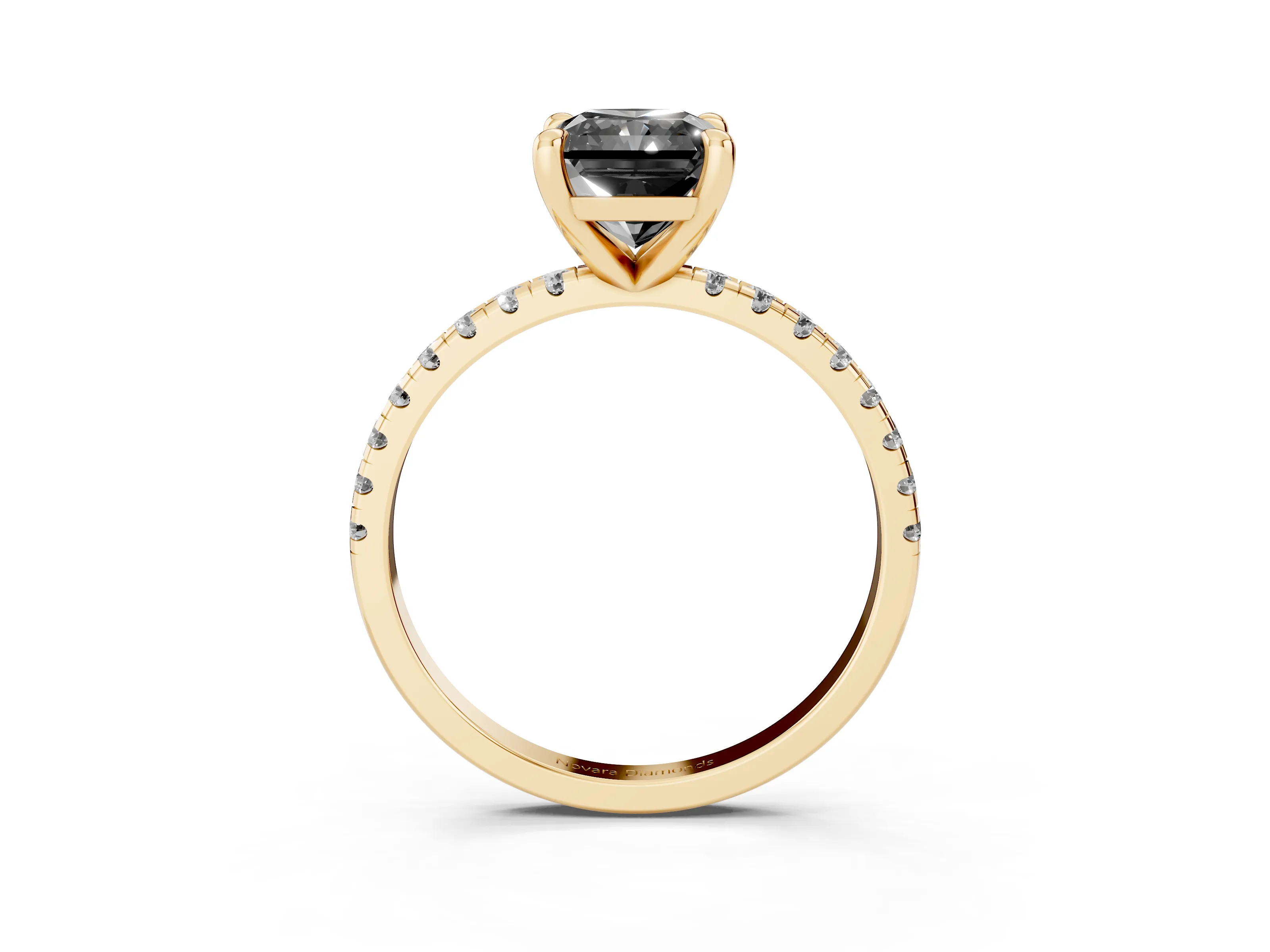Fancy Black Radiant Cut Diamond Brilliant Solitaire Ring Set in Yellow gold with Pavé Band and Prong Setting