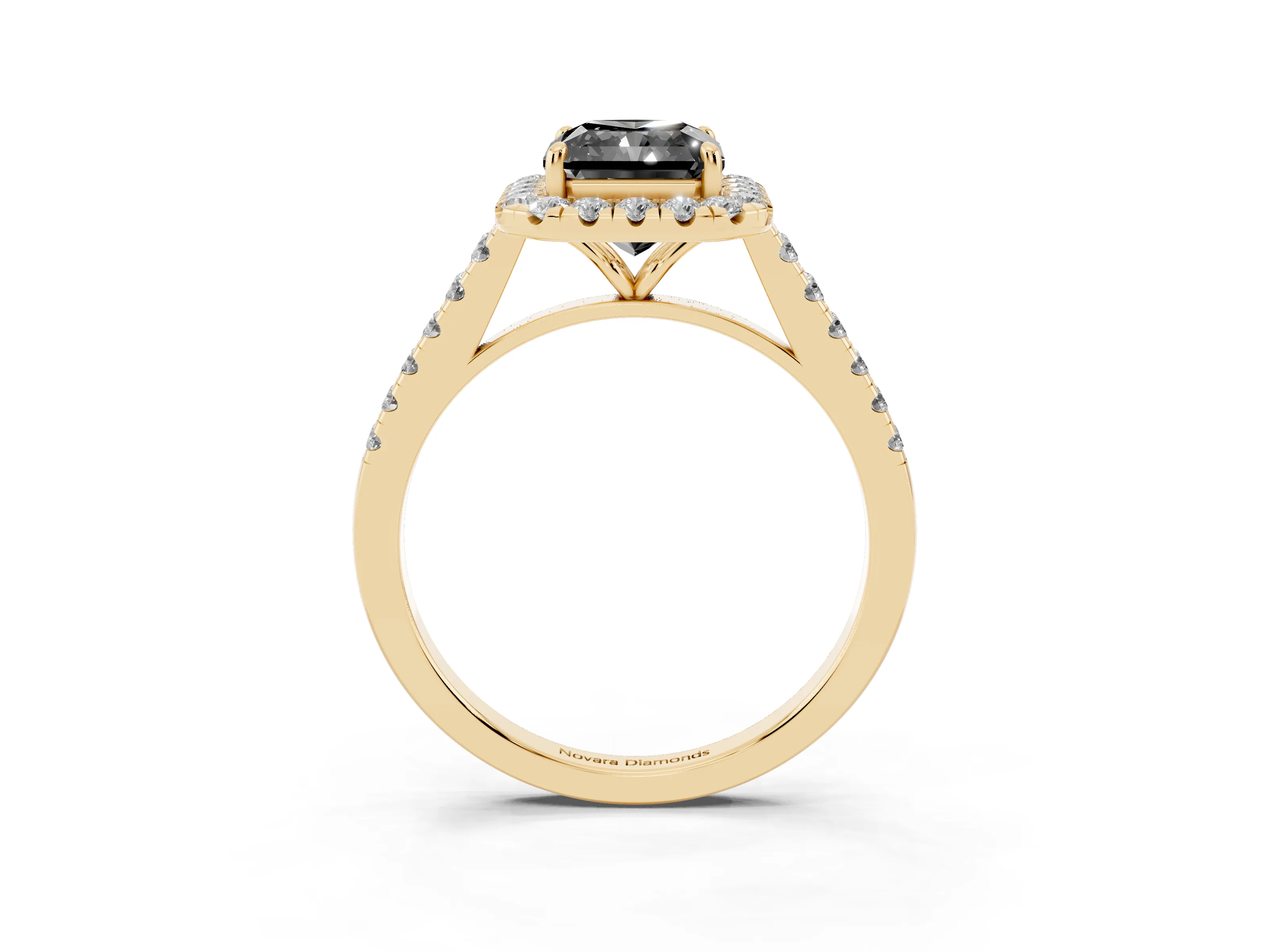 Fancy Black Radiant Cut Diamond Halo Pavé Engagement Ring Set in Yellow gold with Prong Setting