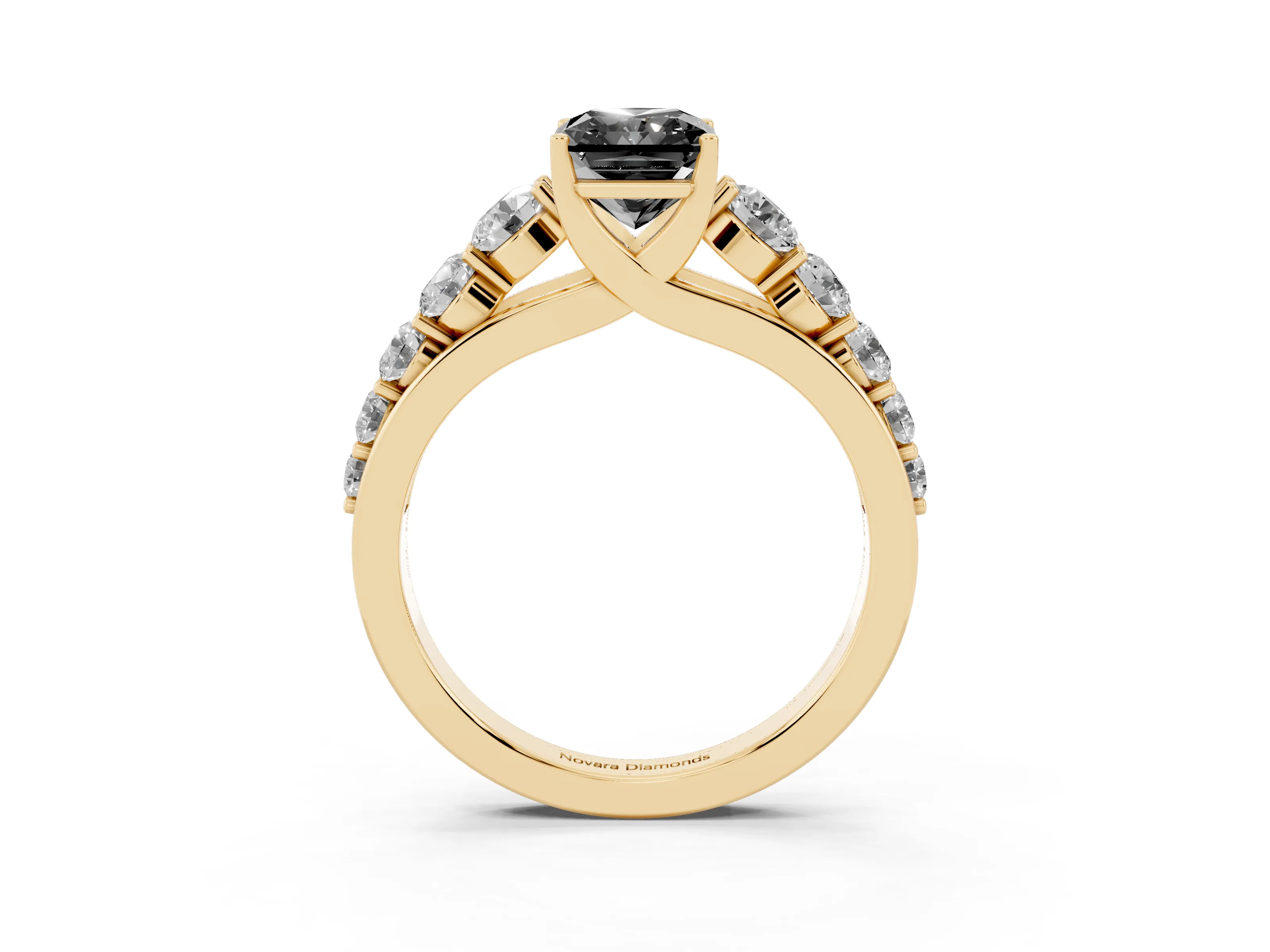 Fancy Black Radiant Cut Diamond Solitaire Ring Set in Yellow gold with Pavé-Set Band and Prong Setting