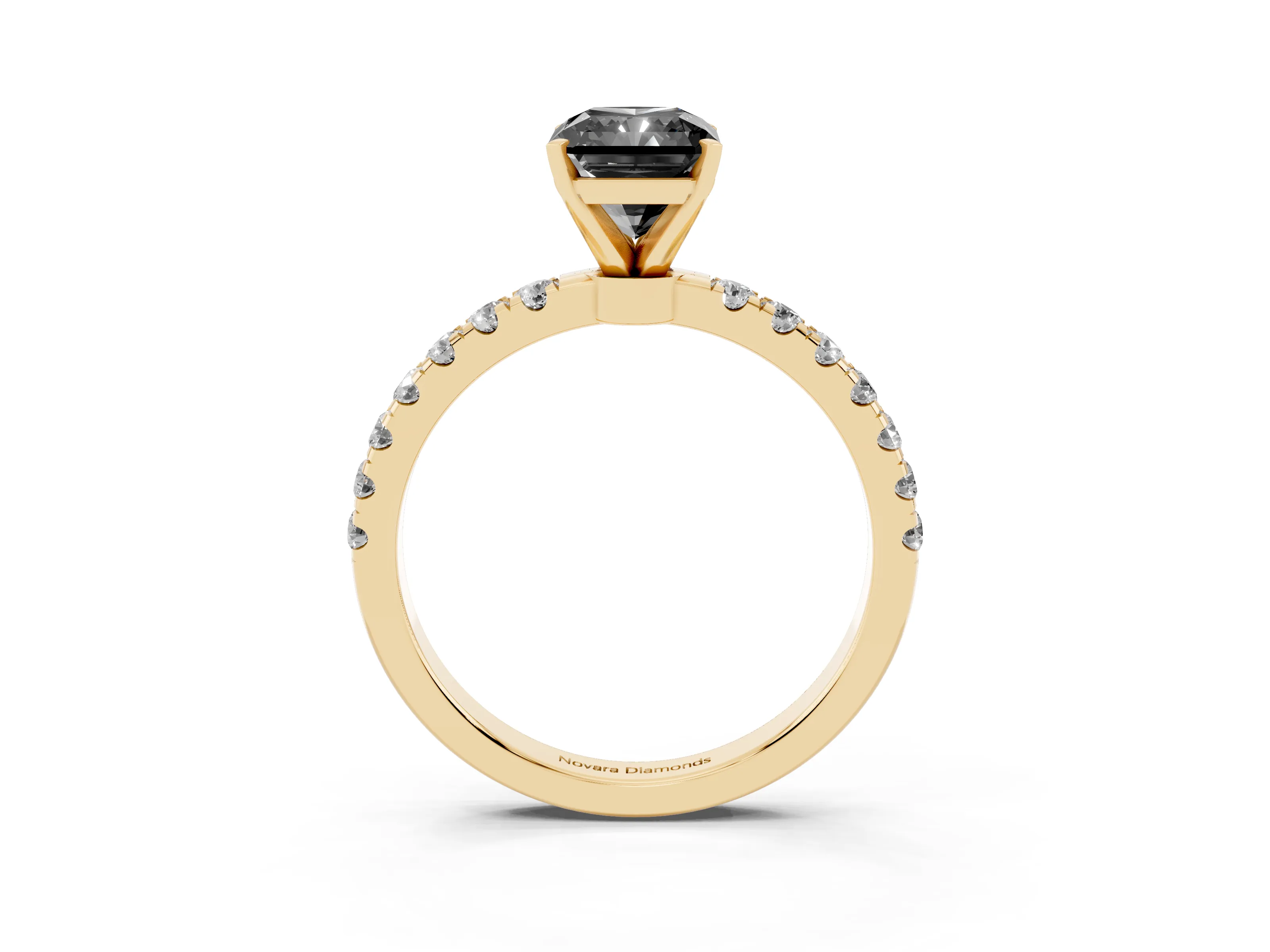 Fancy Black Radiant Cut Diamond Solitaire Ring Set in Yellow gold with Pavé Accents and Prong Setting