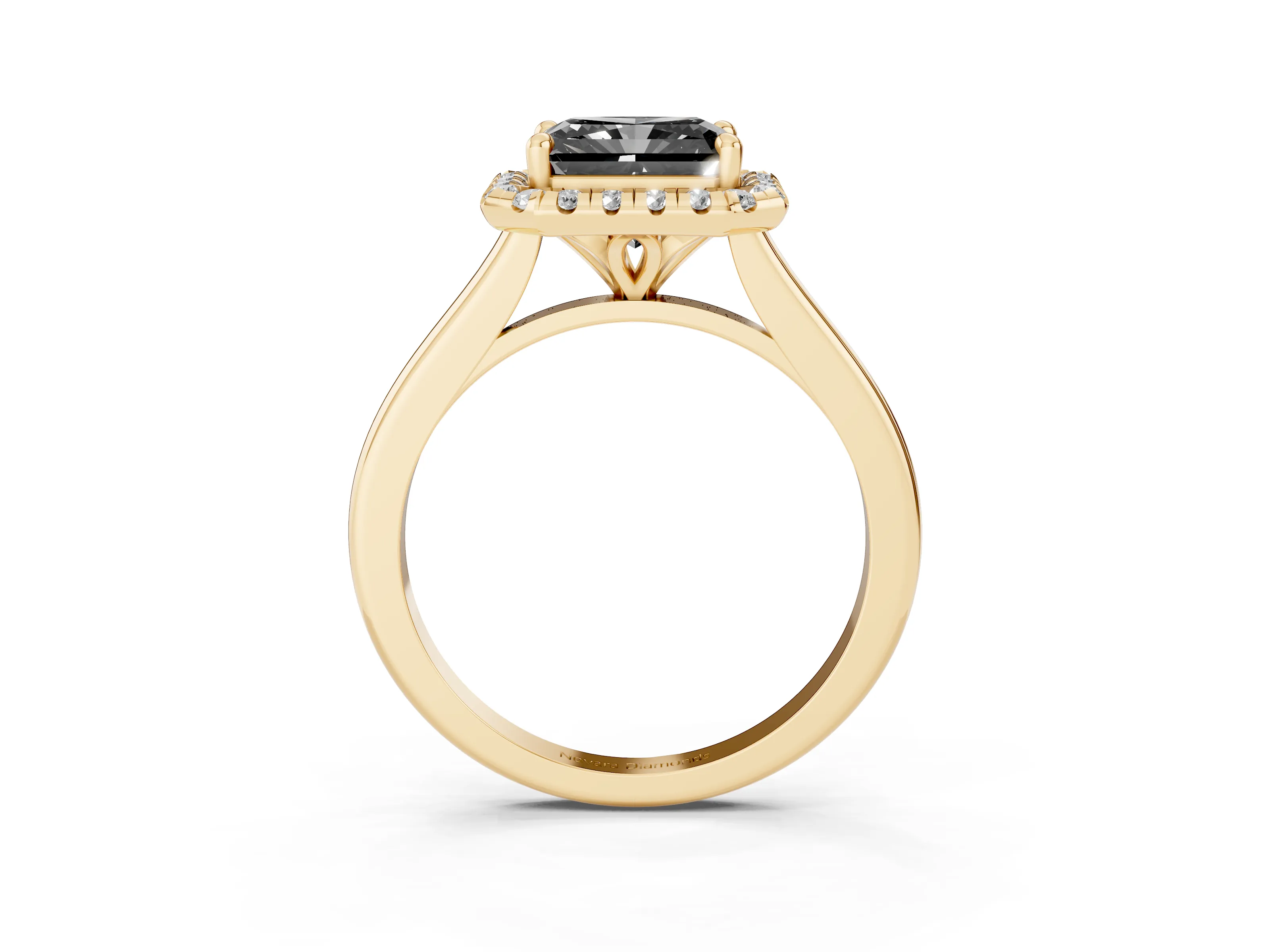 Fancy Black Radiant Cut Diamond Halo Engagement Ring Set in Yellow gold with Pavé Band and Rising Shoulders