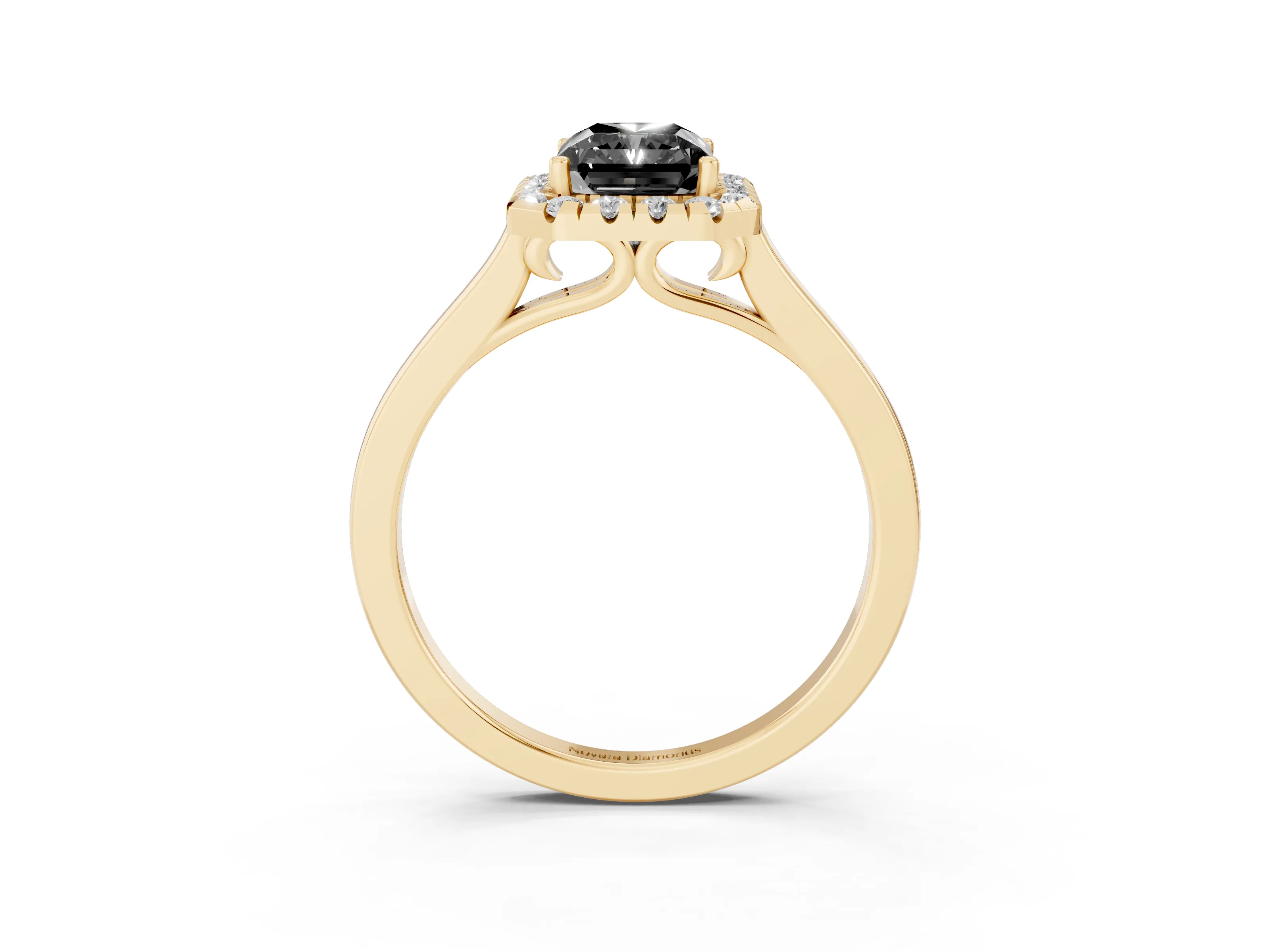 Fancy Black Radiant Cut Halo Round Diamond Solitaire Ring Set in Yellow gold with Pavé Band and Prong Setting