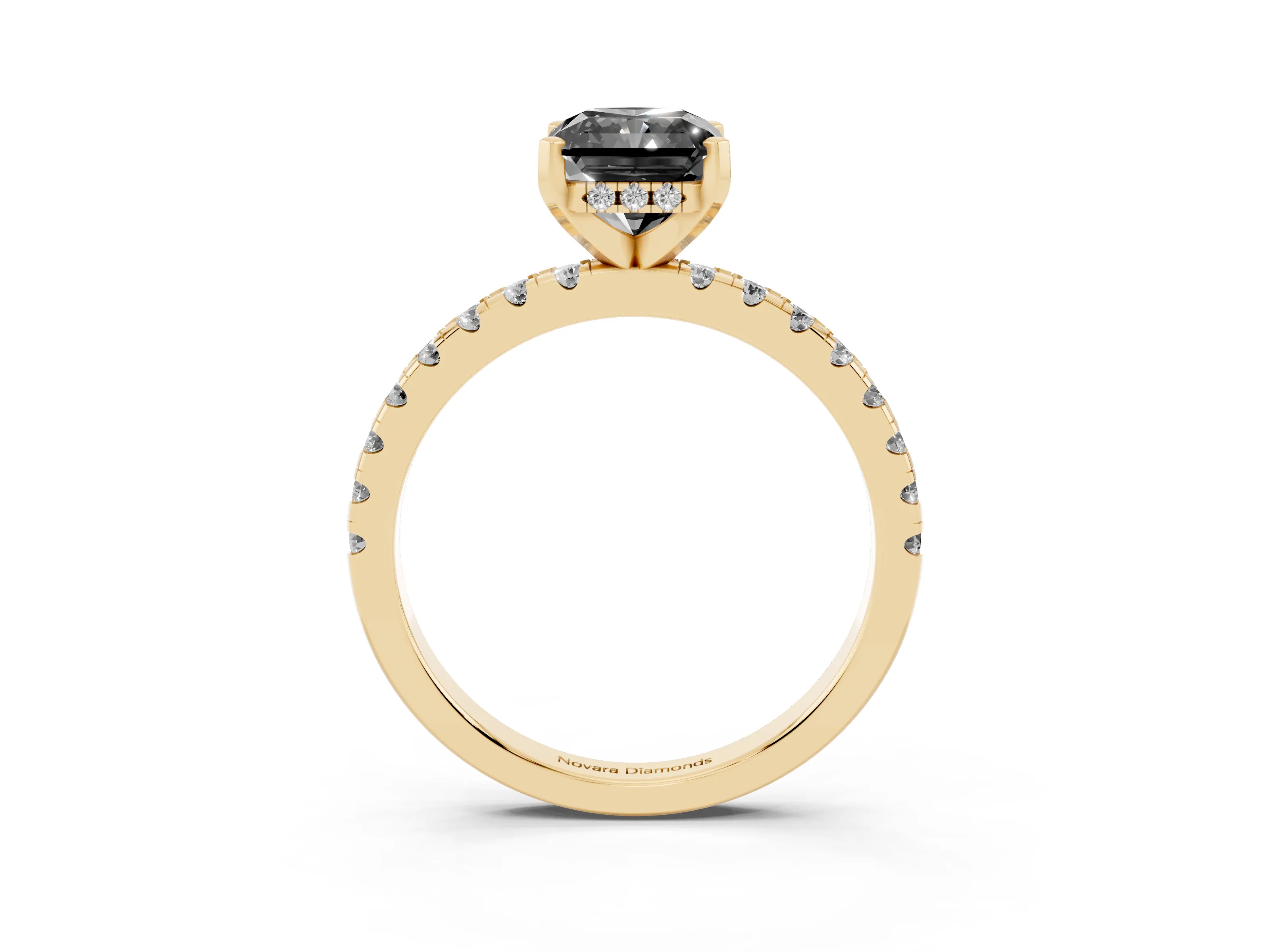 Fancy Black Radiant Cut Diamond Pavé Solitaire Ring Set in Yellow gold with Round Band Accents and Prong Setting