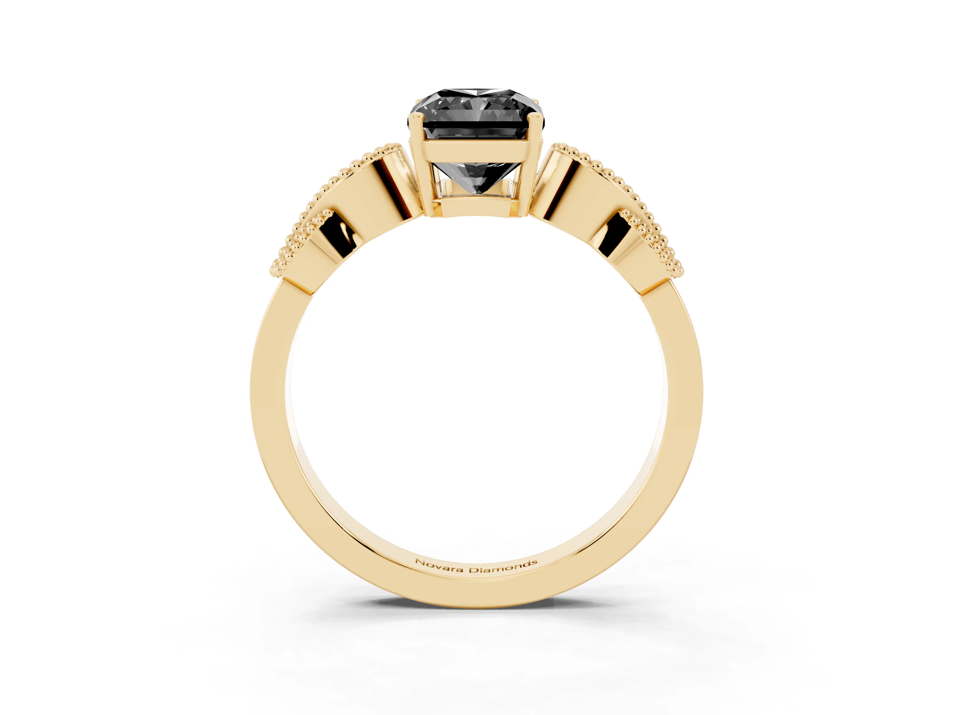 Fancy Black Radiant Cut Diamond Milgrain Leaf Band Solitaire Ring Set in Yellow gold with Accent Stones and Prong Setting