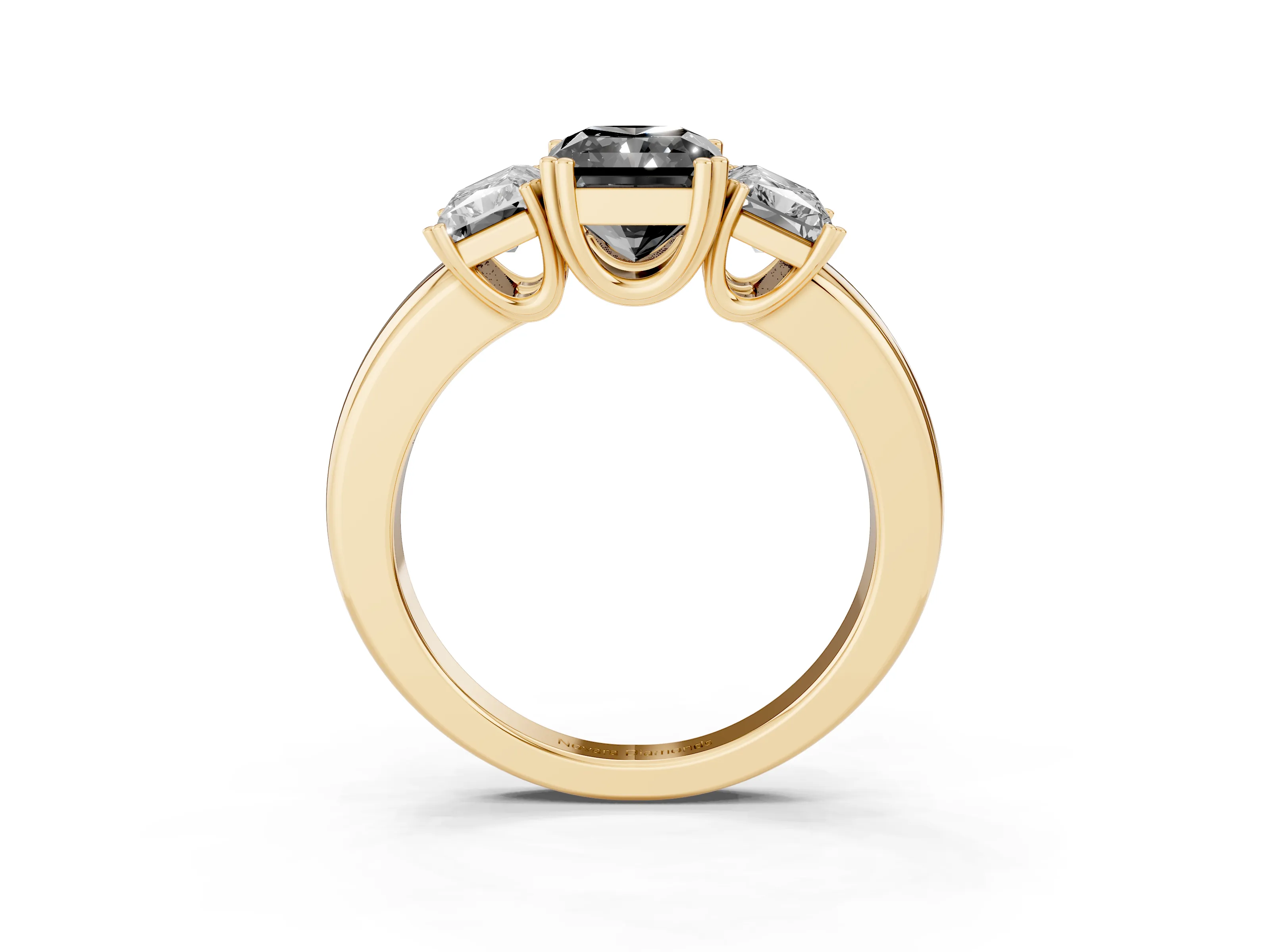 Fancy Black Radiant Cut Diamond Three-Stone Ring Set in Yellow gold with Polished Channel-Set Band