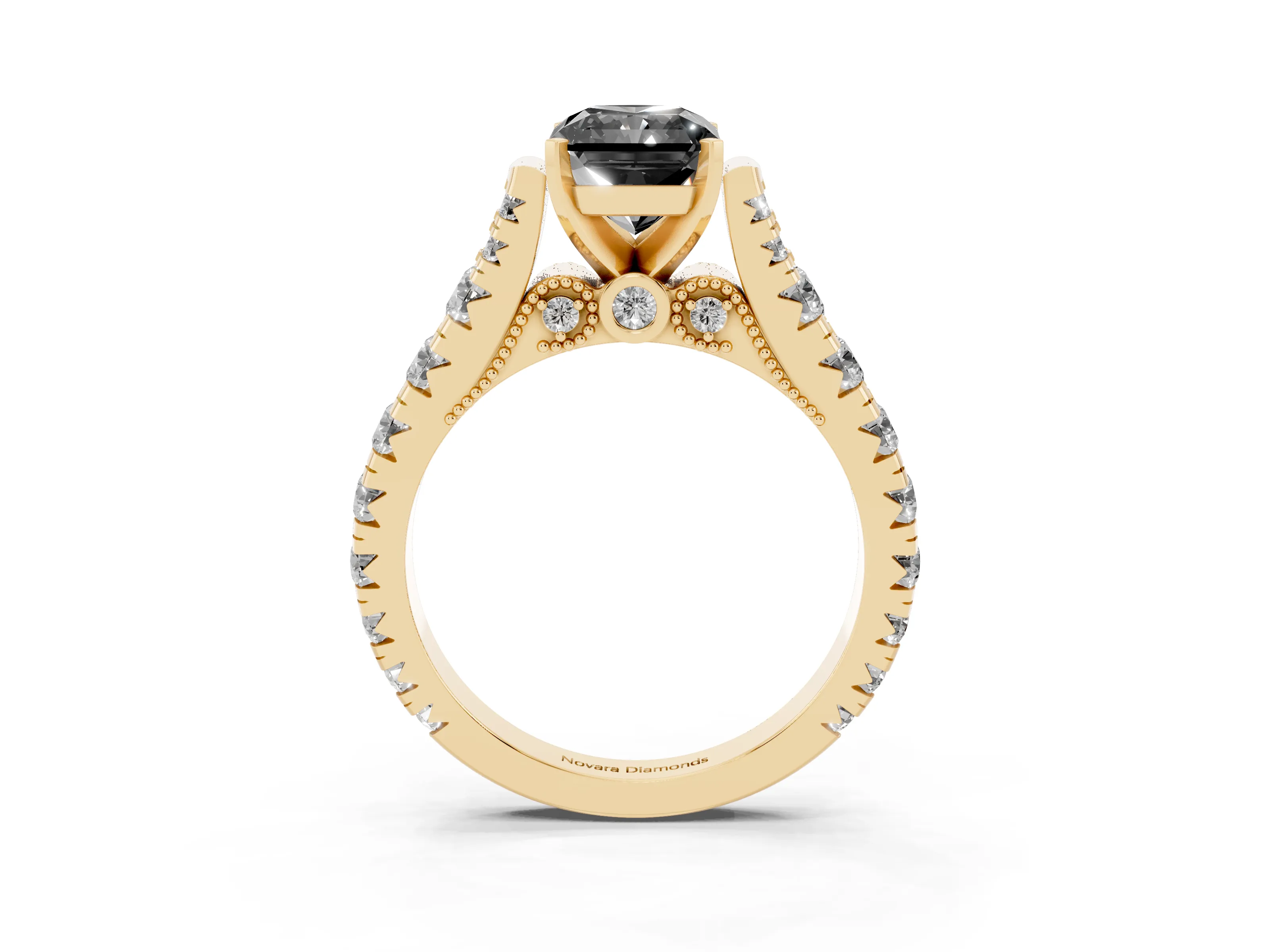 Fancy Black Radiant Cut Diamond Classic Solitaire Ring Set in Yellow gold with Pavé Band and Prong Setting