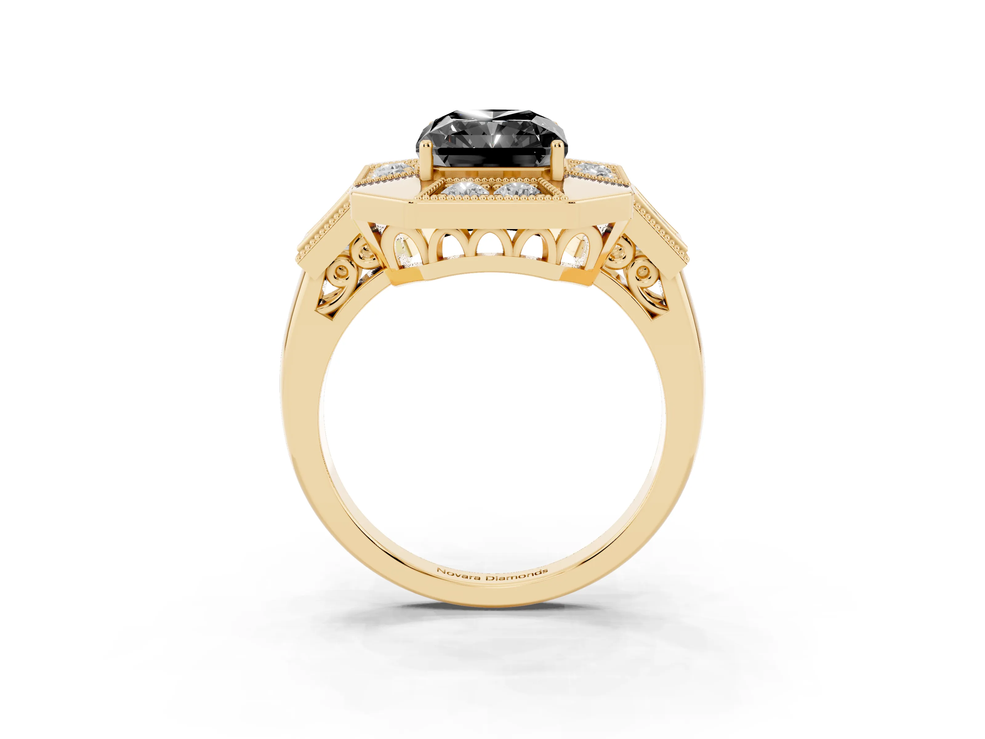Fancy Black Radiant Cut Diamond Milgrain Halo Ring Set in Yellow gold with Split Shank