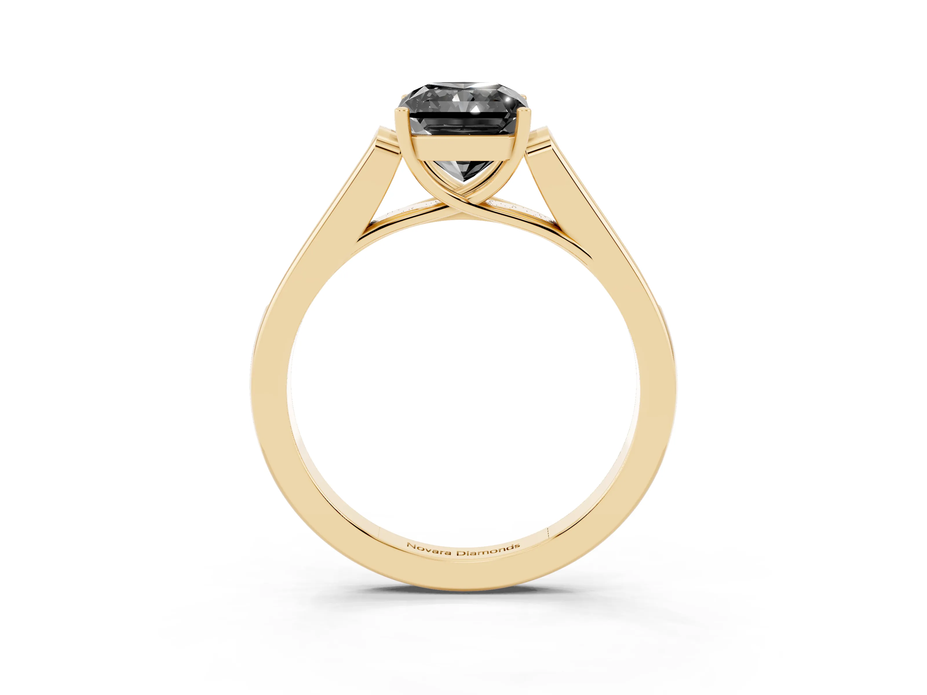 Fancy Black Radiant Cut Diamond Solitaire Cathedral Engagement Ring Set in Yellow gold with Channel-Set Band and Prong Setting