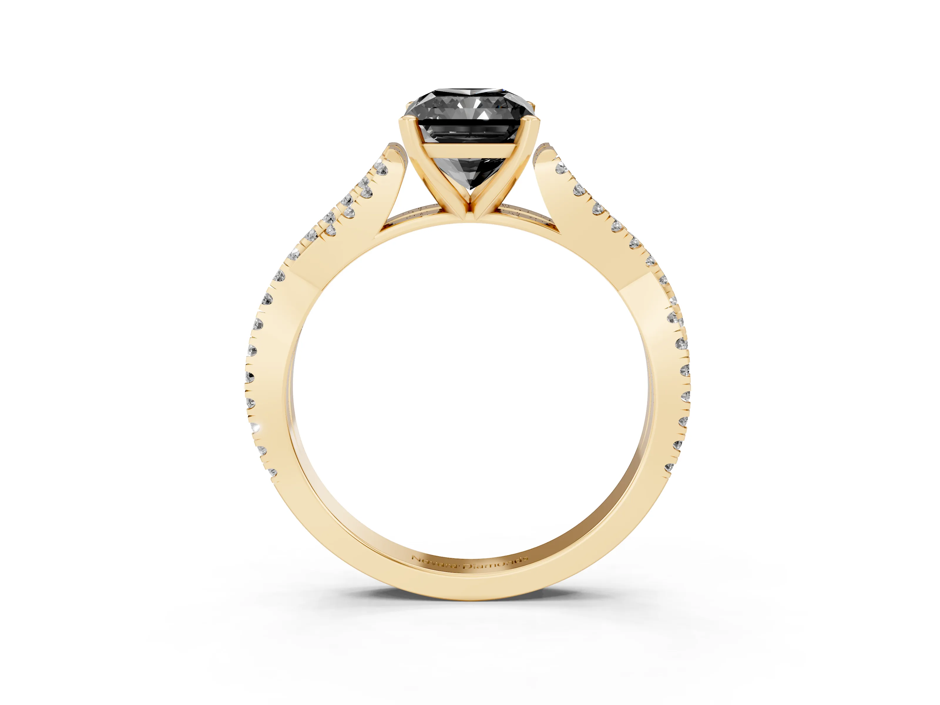 Fancy Black Radiant Cut Diamond Solitaire Engagement Ring Set in Yellow gold with Twisted Pavé Band and Prong Setting