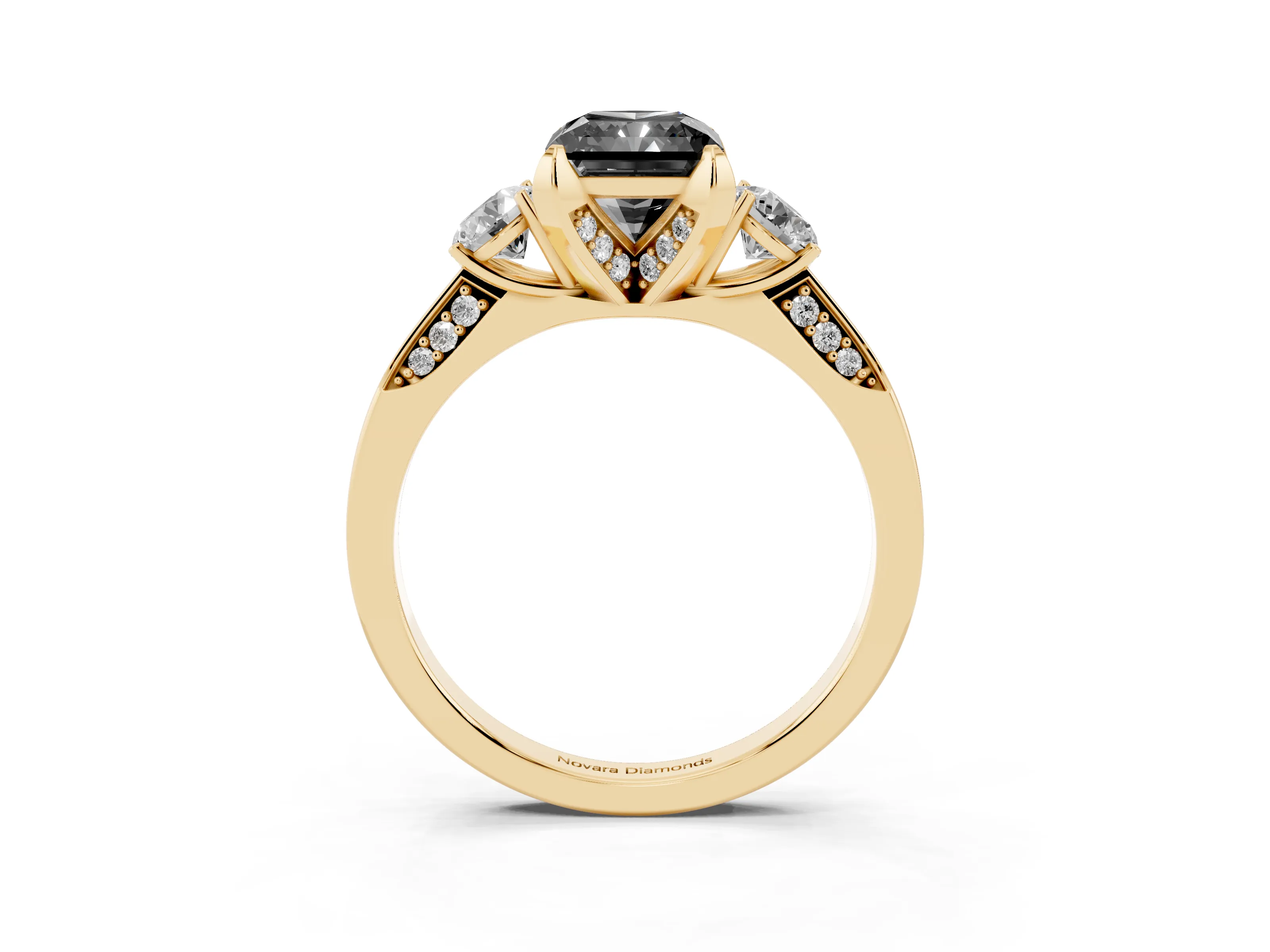 Fancy Black Radiant Cut Diamond Three-Stone Ring Set in Yellow gold with Pavé Band and Smaller Side Stones