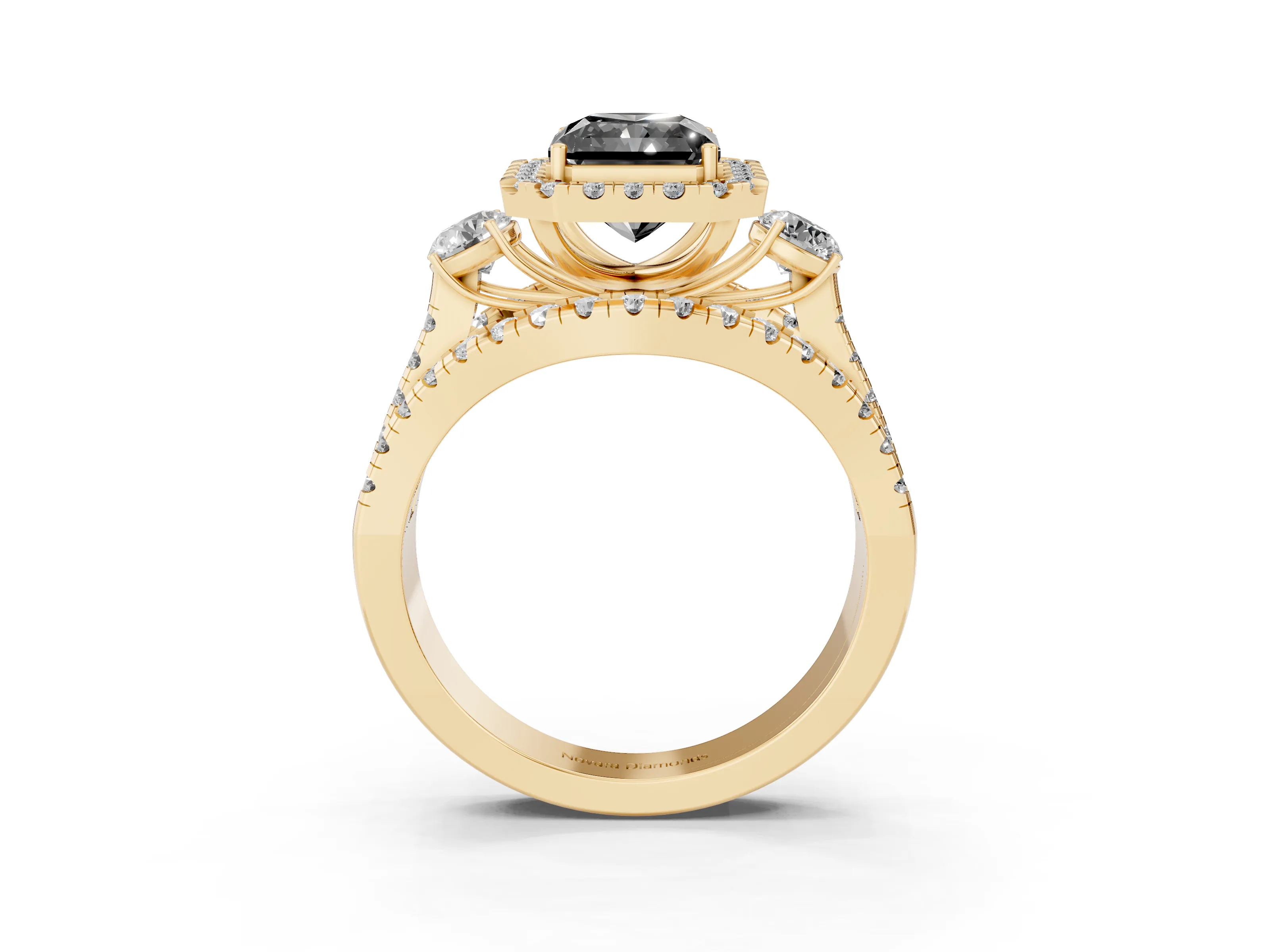 Fancy Black Radiant Cut Diamond Halo Split Shank Ring Set in Yellow gold with Round Accent Stones and Prong Setting